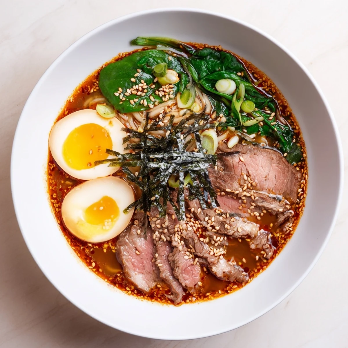 A close-up of delicious Spicy Beef Ramen, highlighting tender beef and vibrant toppings.