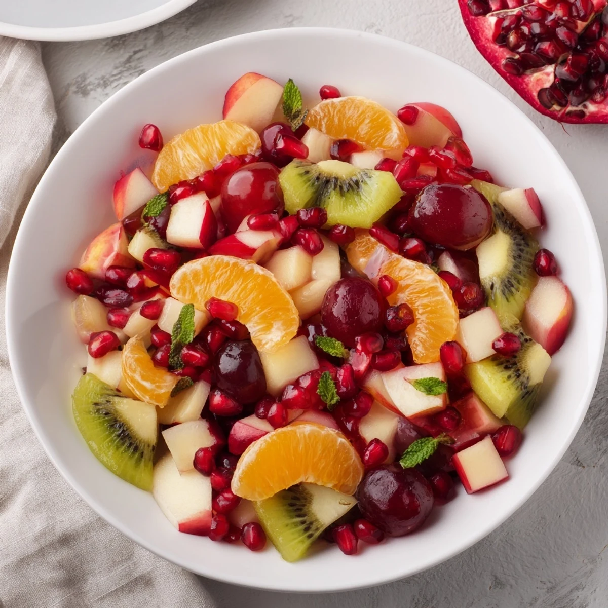 A colorful bowl of Winter Fruit Salad with Honey Lime Dressing, ready to be tossed and enjoyed.