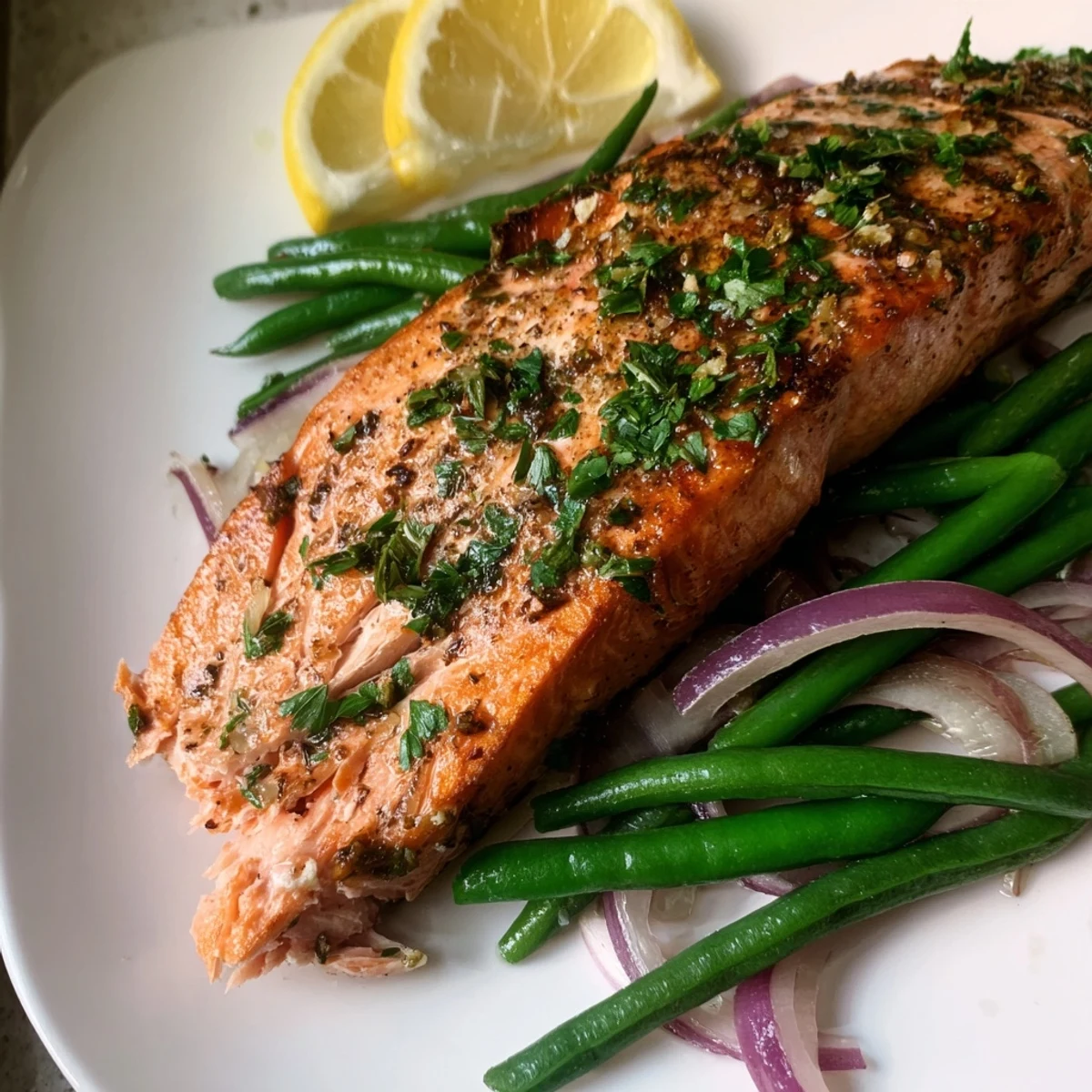 Flaky Sheet Pan Salmon and Green Beans, perfectly roasted with herbs, ready to serve with lemon wedges.