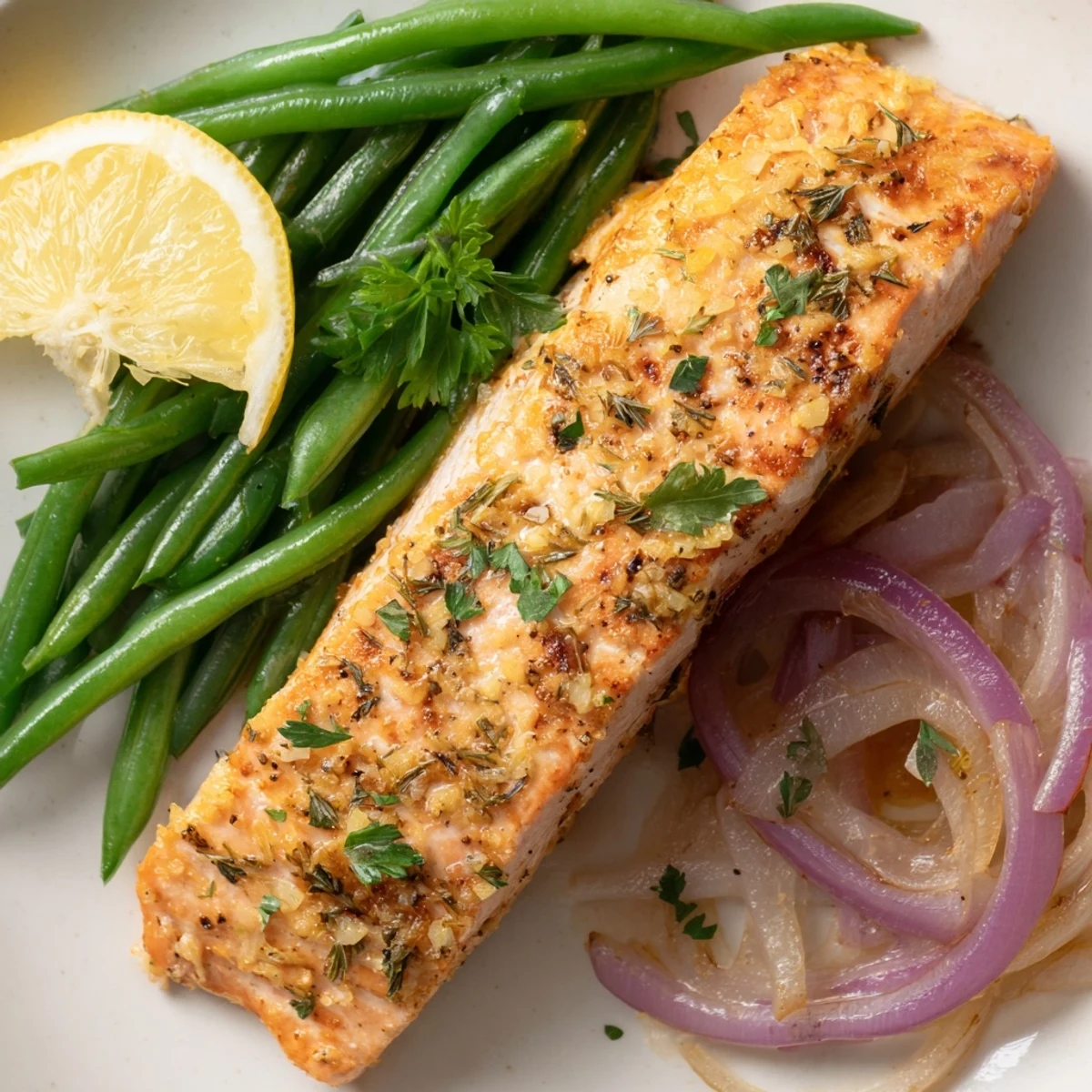 Enjoy a colorful sheet pan of salmon and green beans alongside crisp red onion, ideal for a quick healthy dinner.