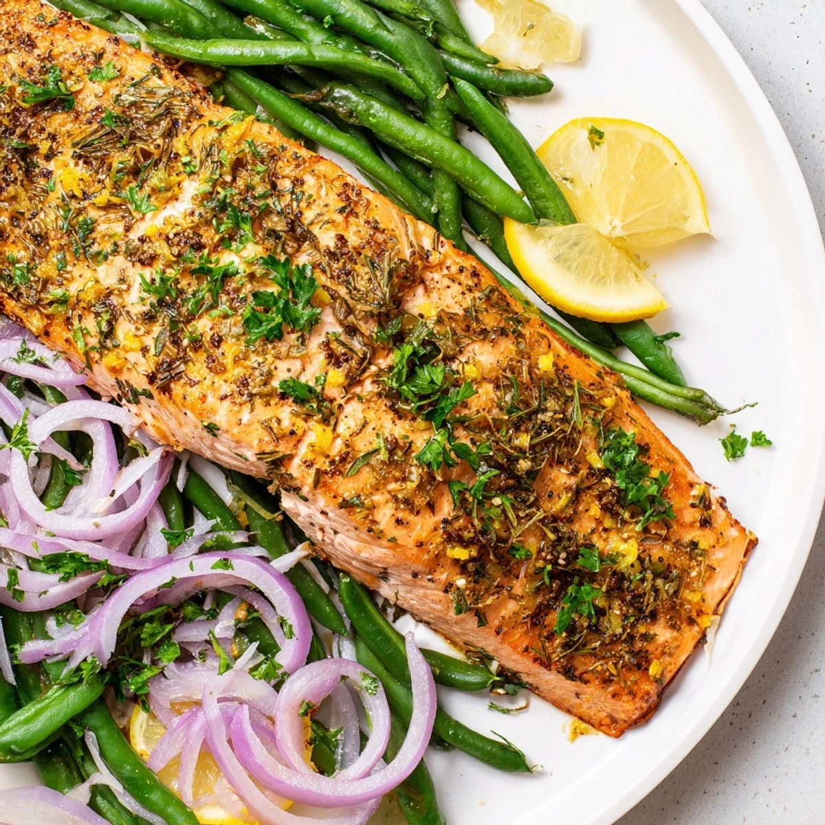Freshly baked Sheet Pan Salmon and Green Beans, with tender, vibrant green beans and aromatic seasonings.