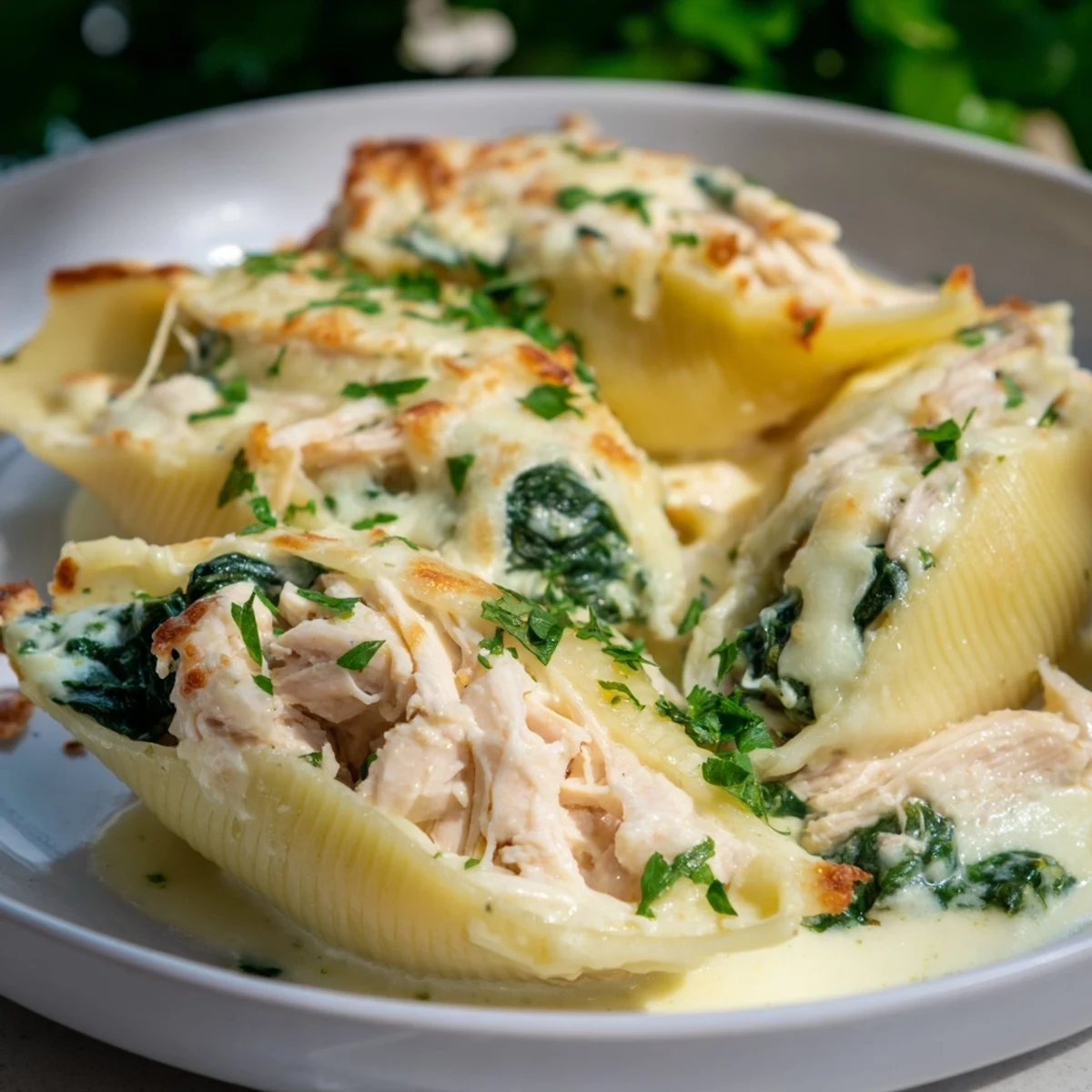 Golden-brown Chicken Alfredo Stuffed Shells, bubbling with cheese, ready for serving a warm meal.