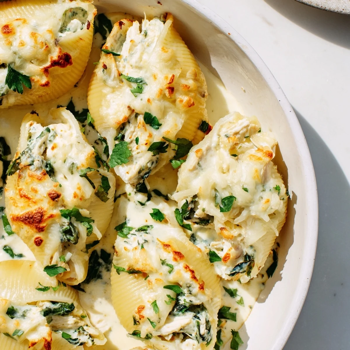 Creamy Chicken Alfredo Stuffed Shells with spinach topped with melted mozzarella, a comforting Italian dinner.