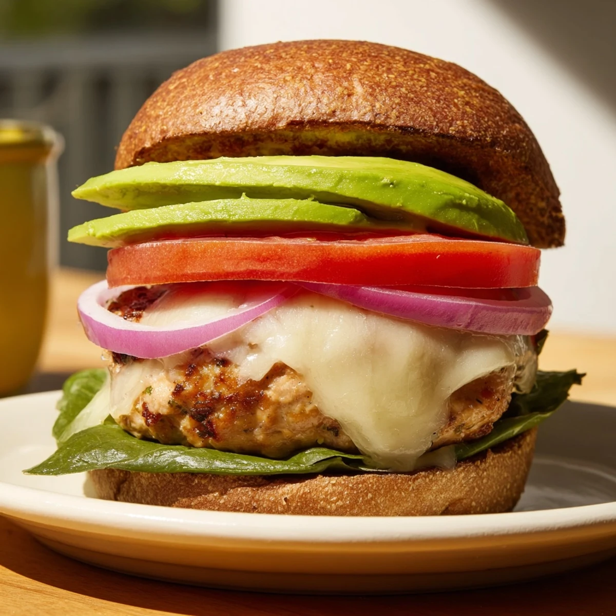 A delicious turkey burger with creamy avocado and melted Swiss, ready to eat now.
