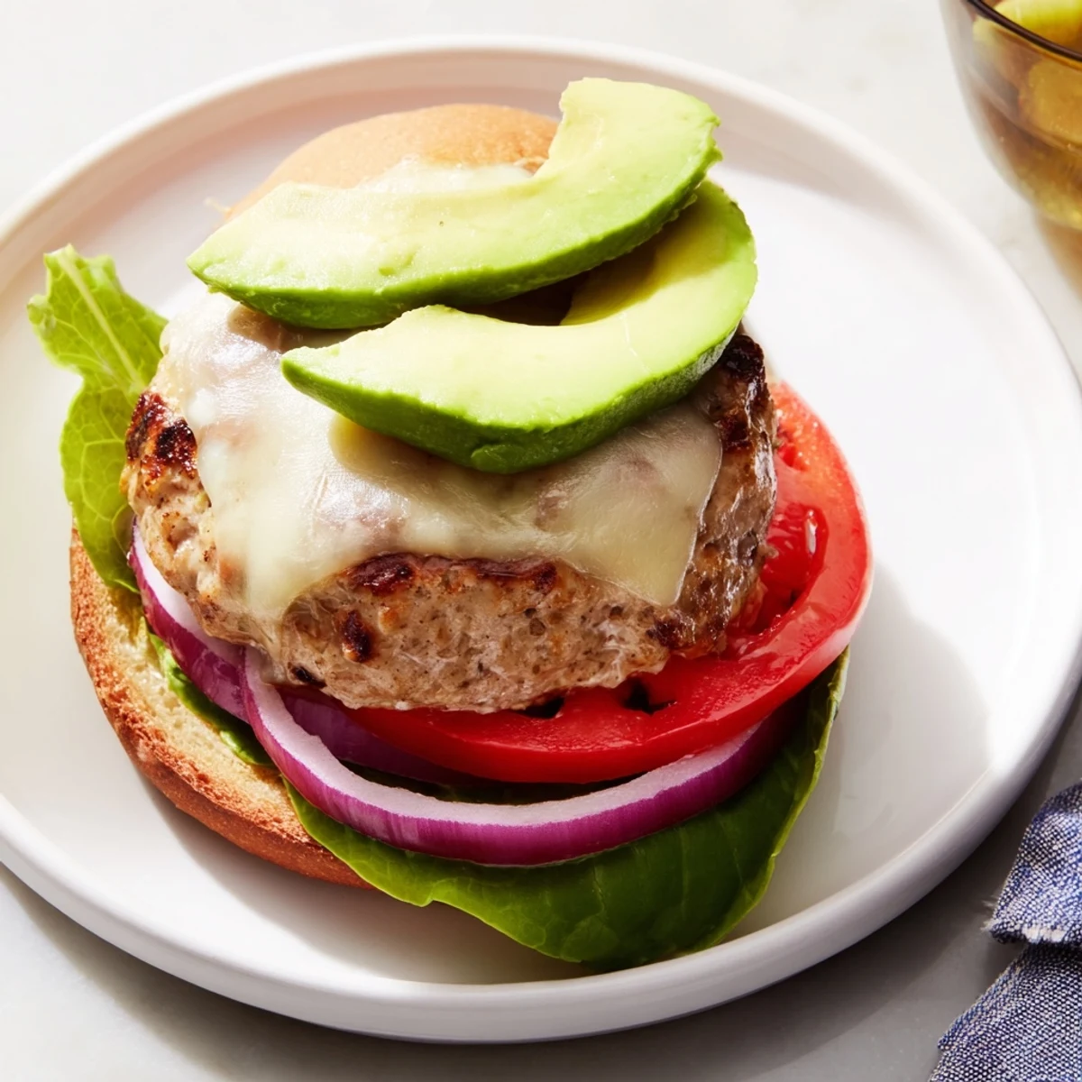 Savory turkey burger with avocado slices and bubbling Swiss cheese, great for a lunch.
