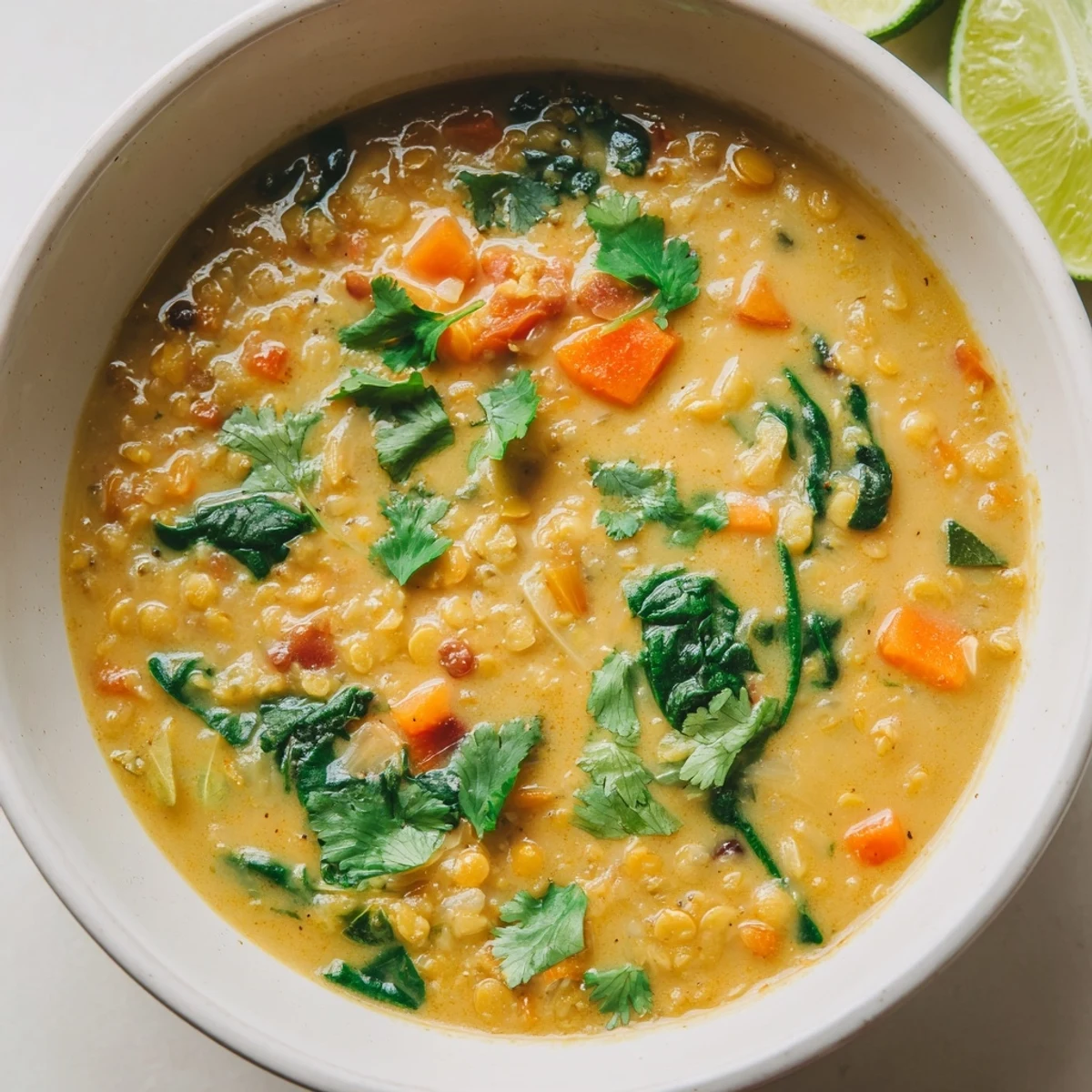 A steaming bowl of Coconut Curry Lentil Soup, garnished with fresh cilantro and a lime wedge.