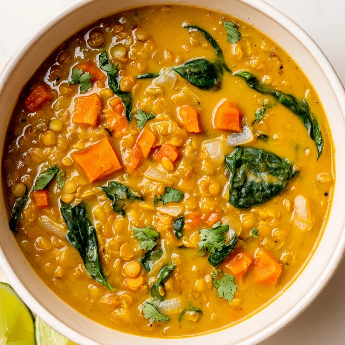 Hearty and flavorful Coconut Curry Lentil Soup ready to serve, perfect for a cozy weeknight dinner.