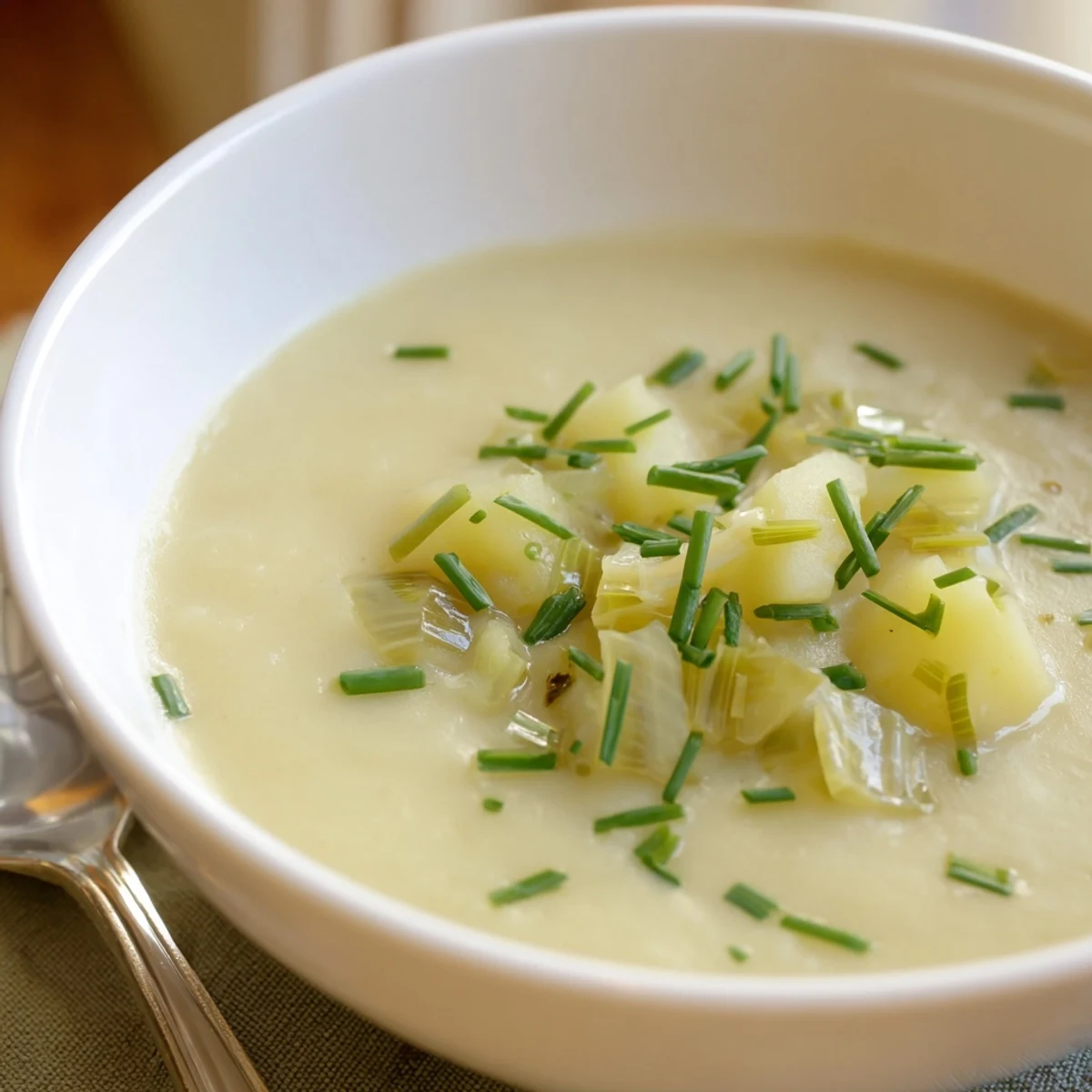 Steaming bowl of creamy potato leek soup, garnished with fresh, snipped chives.
