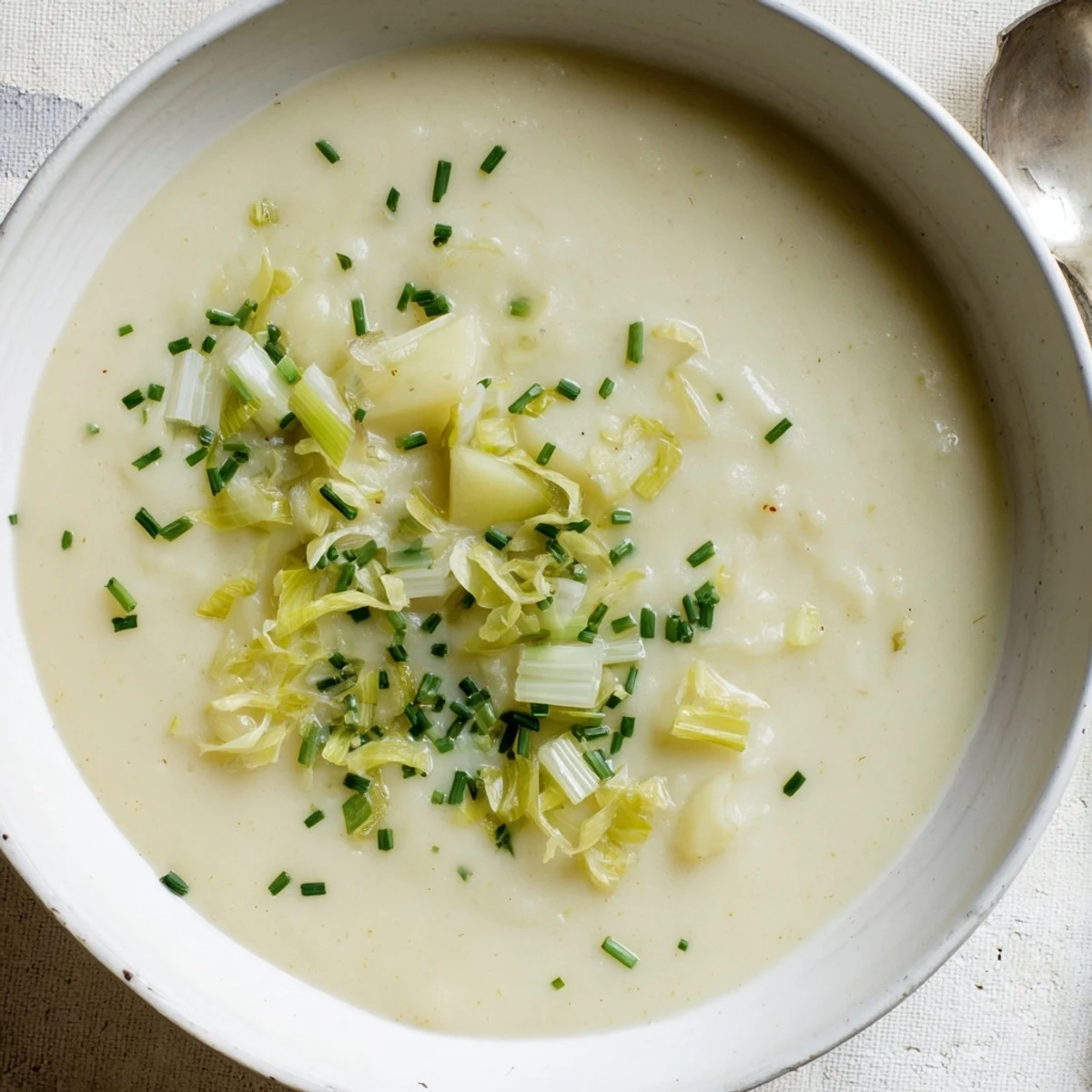 Garnish creamy potato leek soup with vibrant green chives for a taste of fresh flavors.