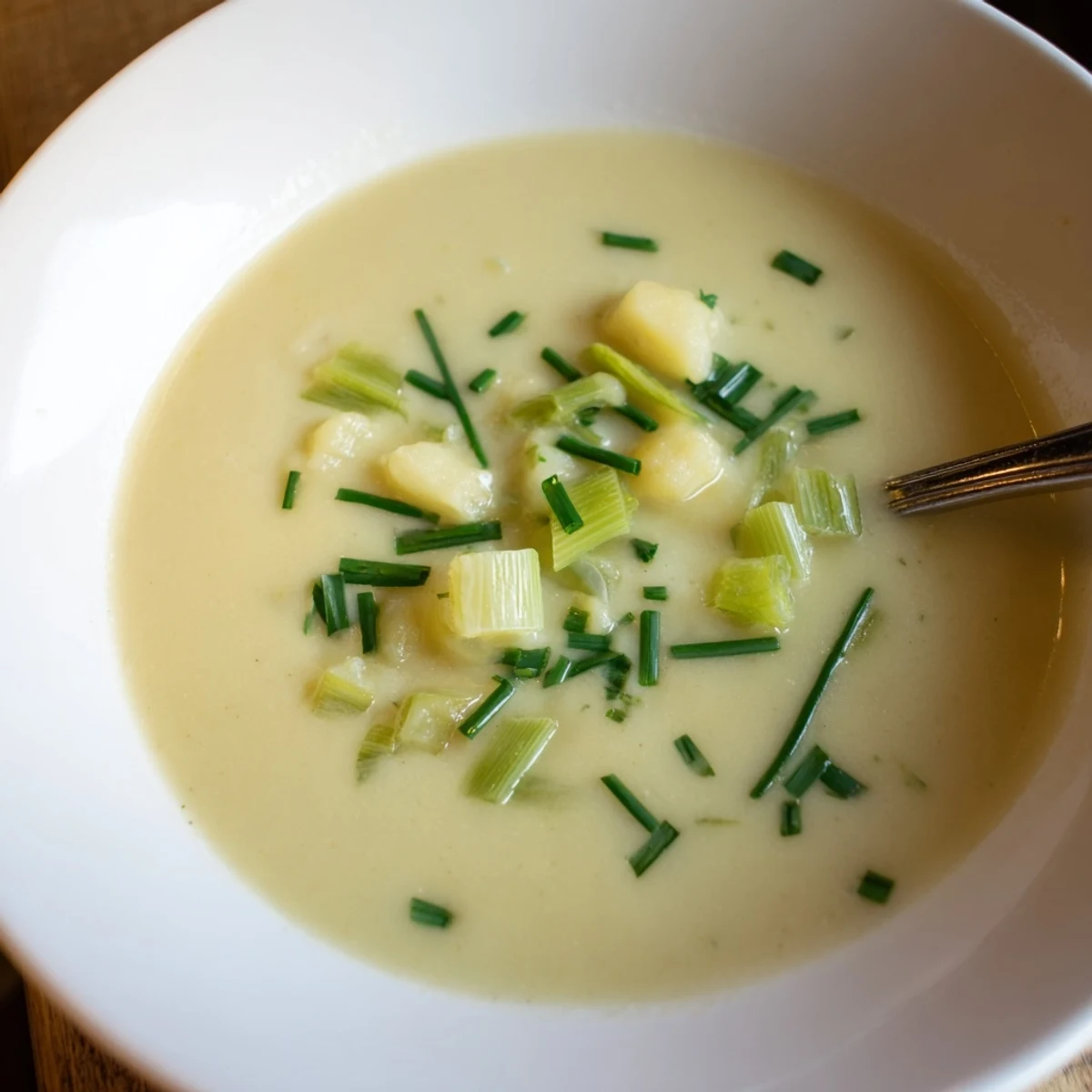 A swirl of cream tops the smooth, velvety creamy potato leek soup.