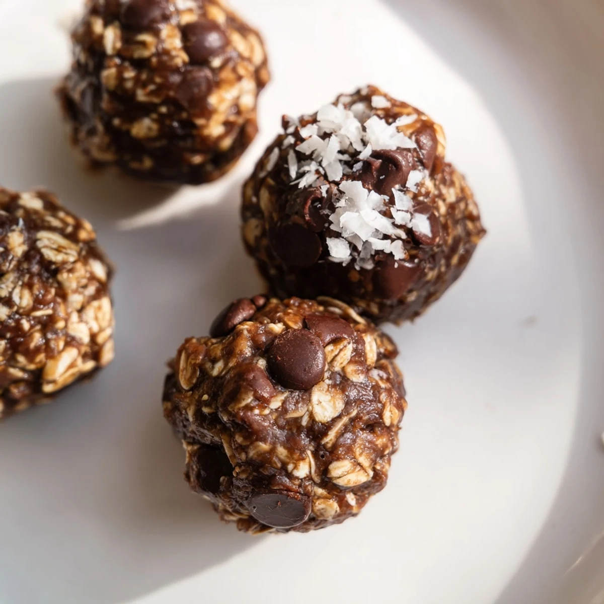 These chewy chocolate peanut butter energy balls, studded with chocolate chips, look so satisfying.