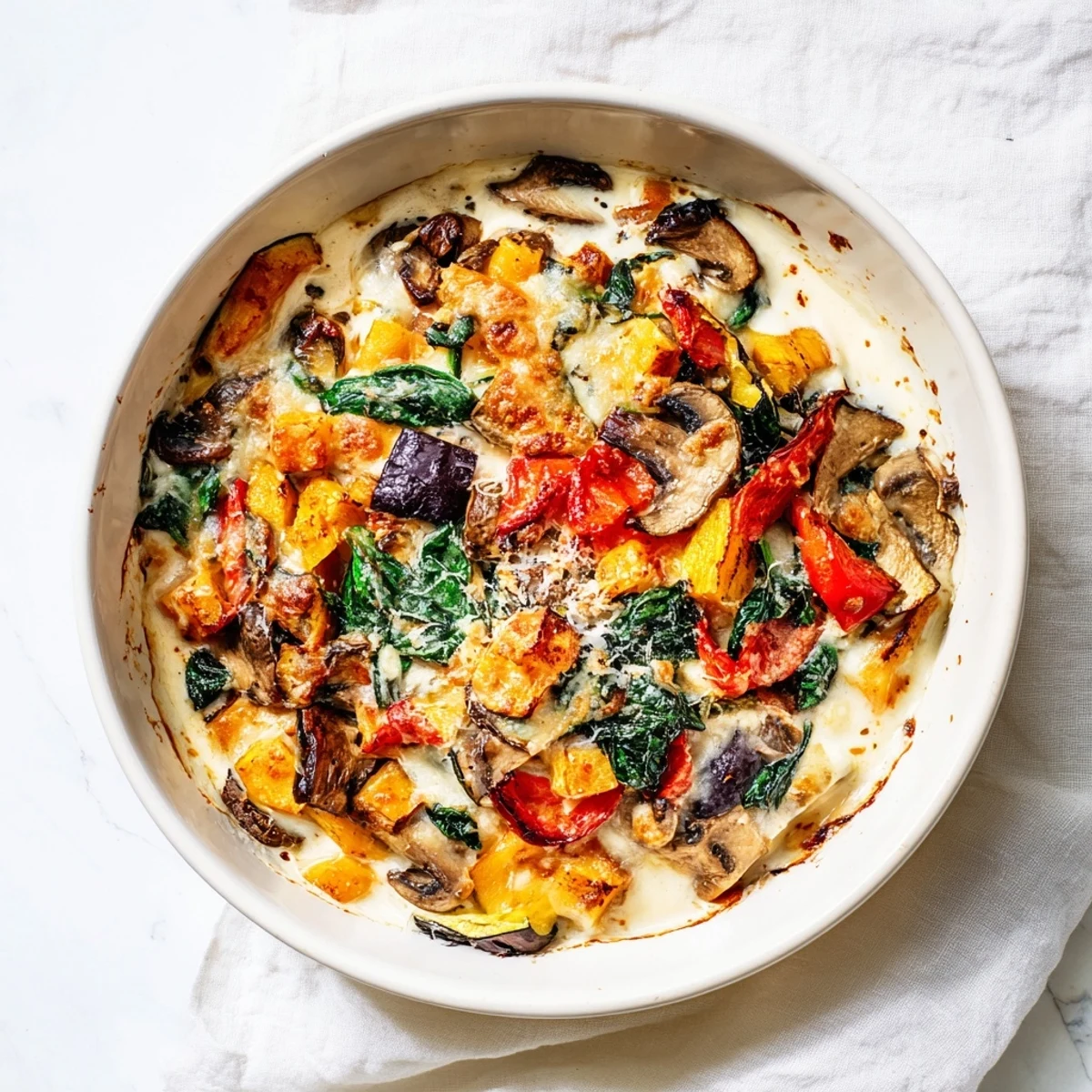 Golden, bubbling Roasted Vegetable Lasagna with White Sauce, showcasing layers of roasted veggies in a casserole dish.