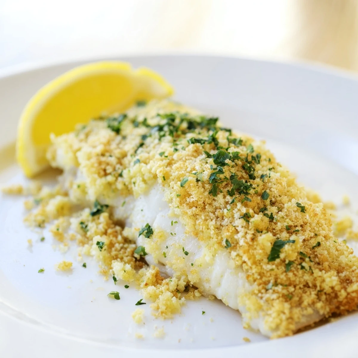 Enjoy this flavorful Baked Cod with Lemon Herb Butter Crumb, served with bright lemon wedges and fresh parsley.