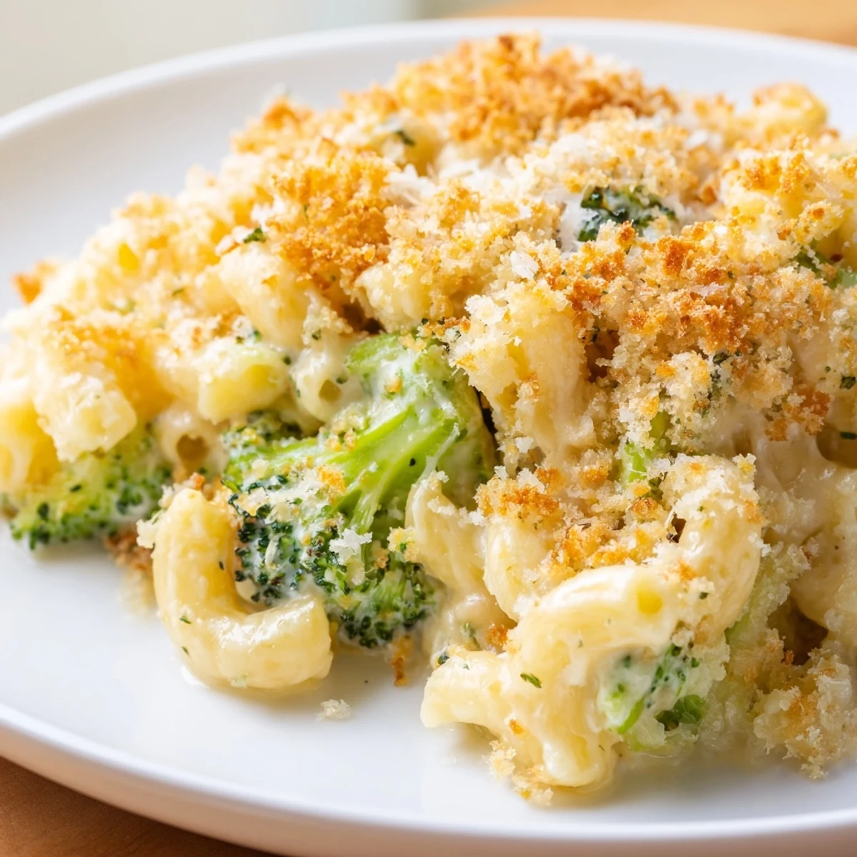 Golden-topped Baked Macaroni and Cheese with Broccoli Florets steams from a casserole dish.