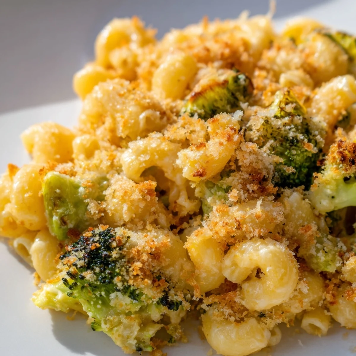 Cheesy pasta shells and green broccoli peek from beneath a crispy, buttery breadcrumb crust.