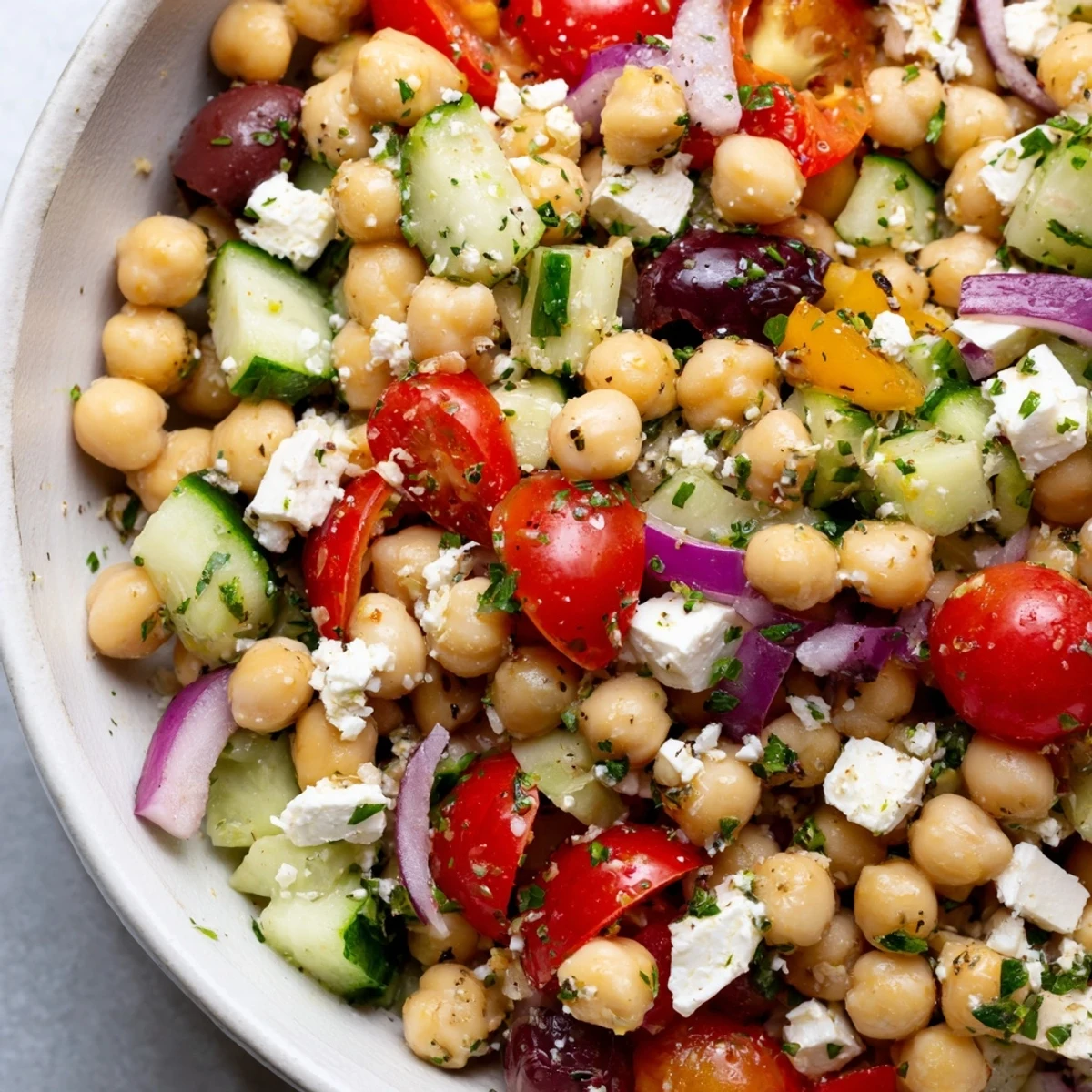 Freshly tossed Mediterranean Chickpea Salad with Lemon Vinaigrette highlights Kalamata olives, cherry tomatoes, and crumbled feta cheese.