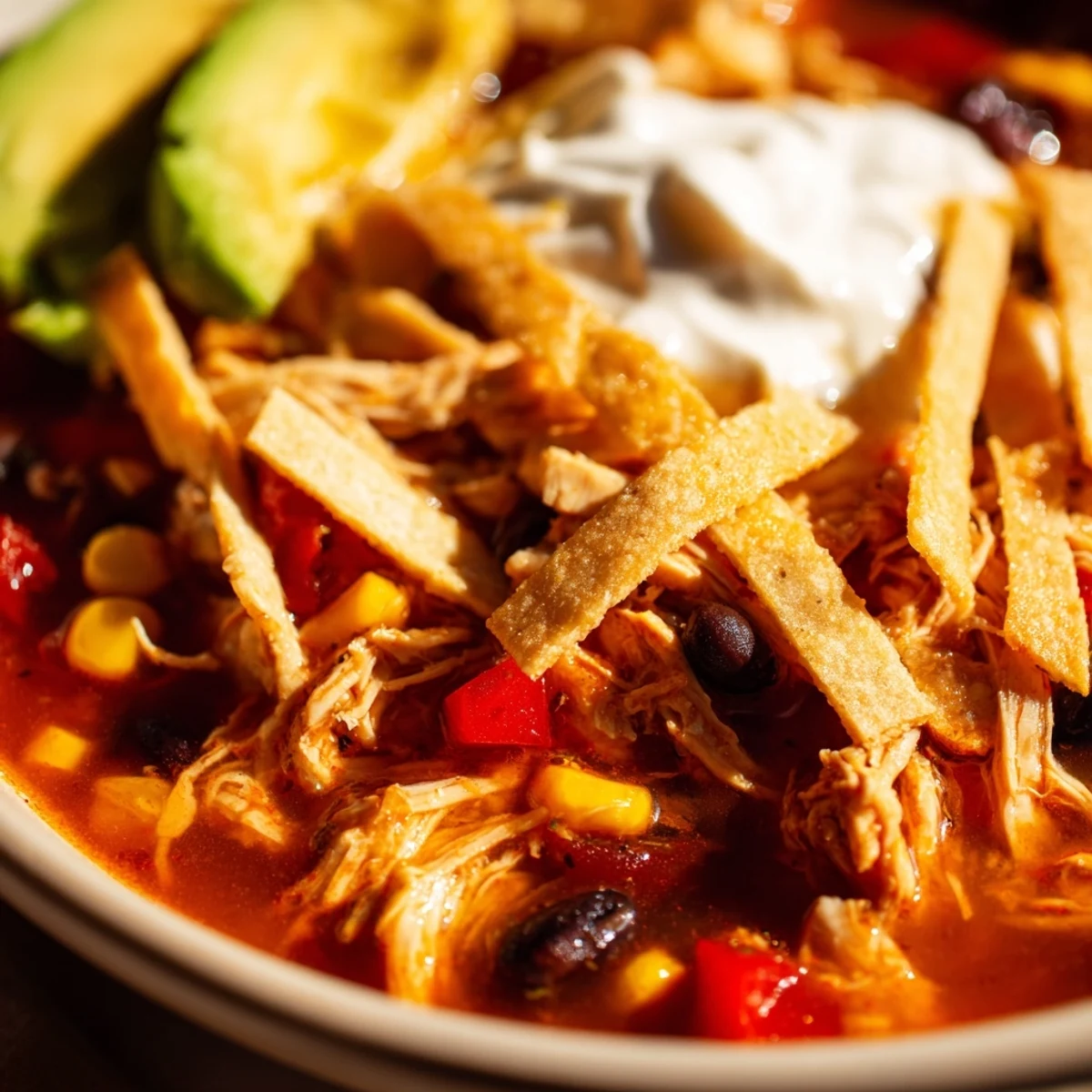 Steaming bowls of Chicken Tortilla Soup are garnished with shredded chicken, corn, black beans, and crispy golden tortilla strips.