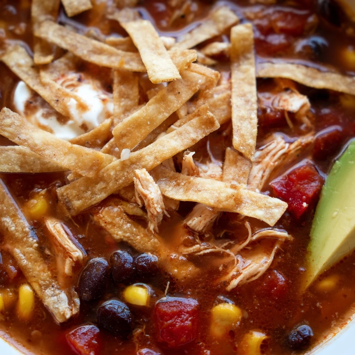 Close-up of Chicken Tortilla Soup with a spoon lifting tender chicken, beans, and broth, highlighting the crispy corn tortilla strips.