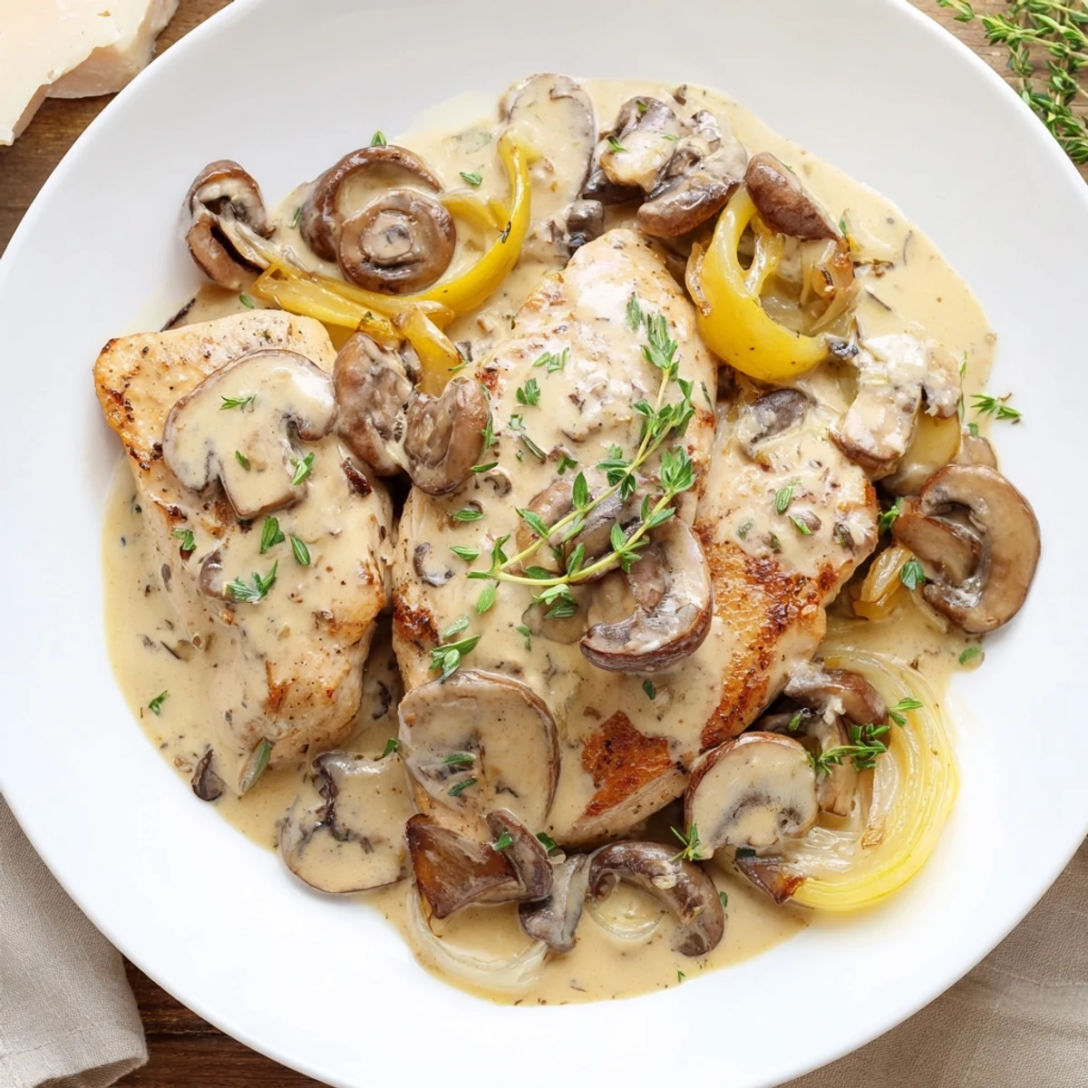 Golden-brown Chicken Mushroom Skillet with Creamy Sauce bubbling in a cast-iron pan with fresh parsley garnish.