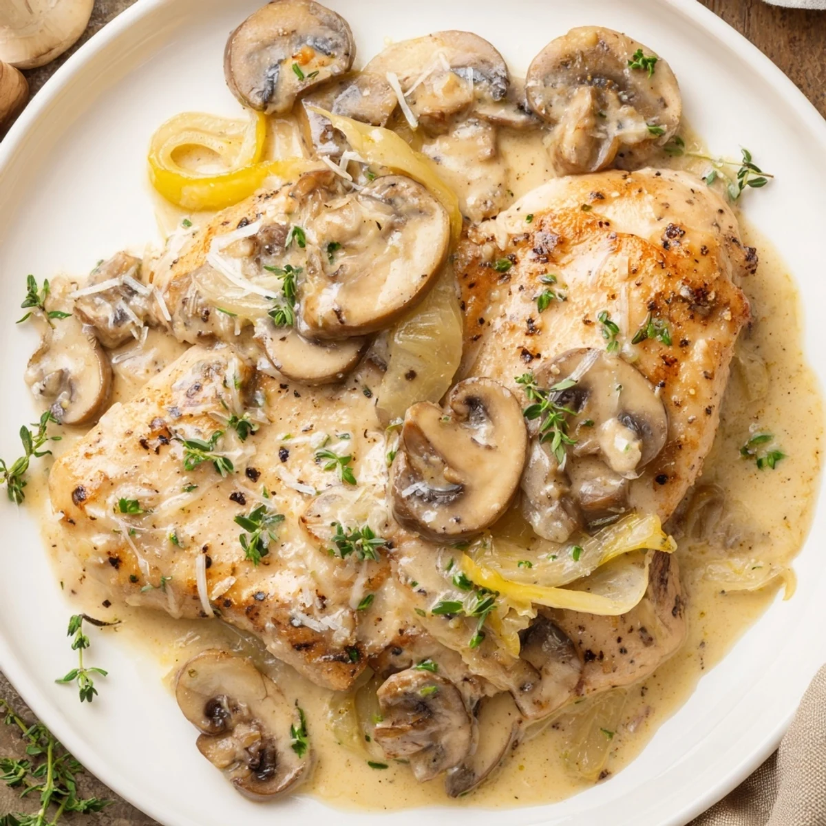 Serving suggestion of Chicken Mushroom Skillet with Creamy Sauce over mashed potatoes with a fresh side salad.
