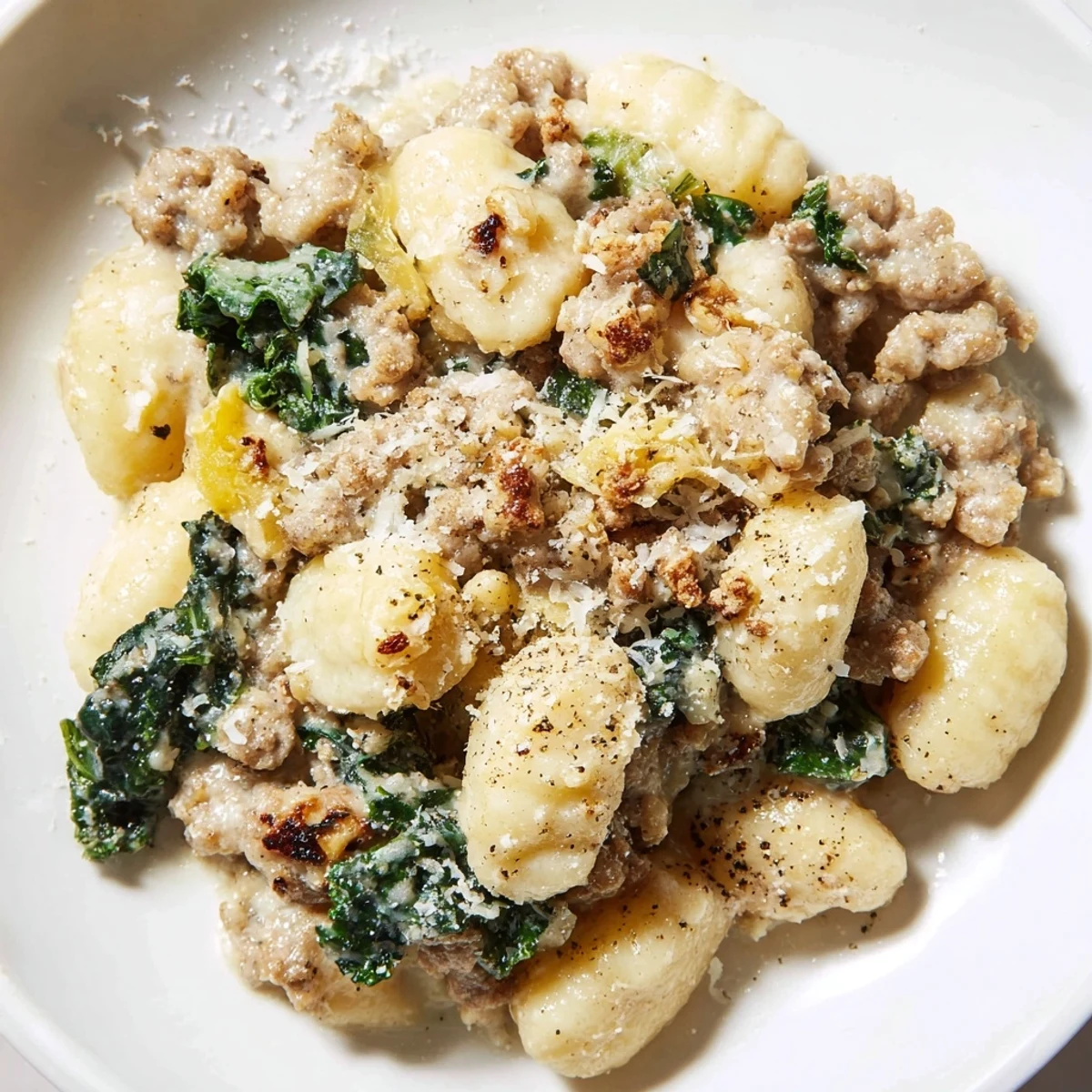 Creamy Gnocchi with Turkey Sausage and Kale served warm in a rustic skillet with melted parmesan.