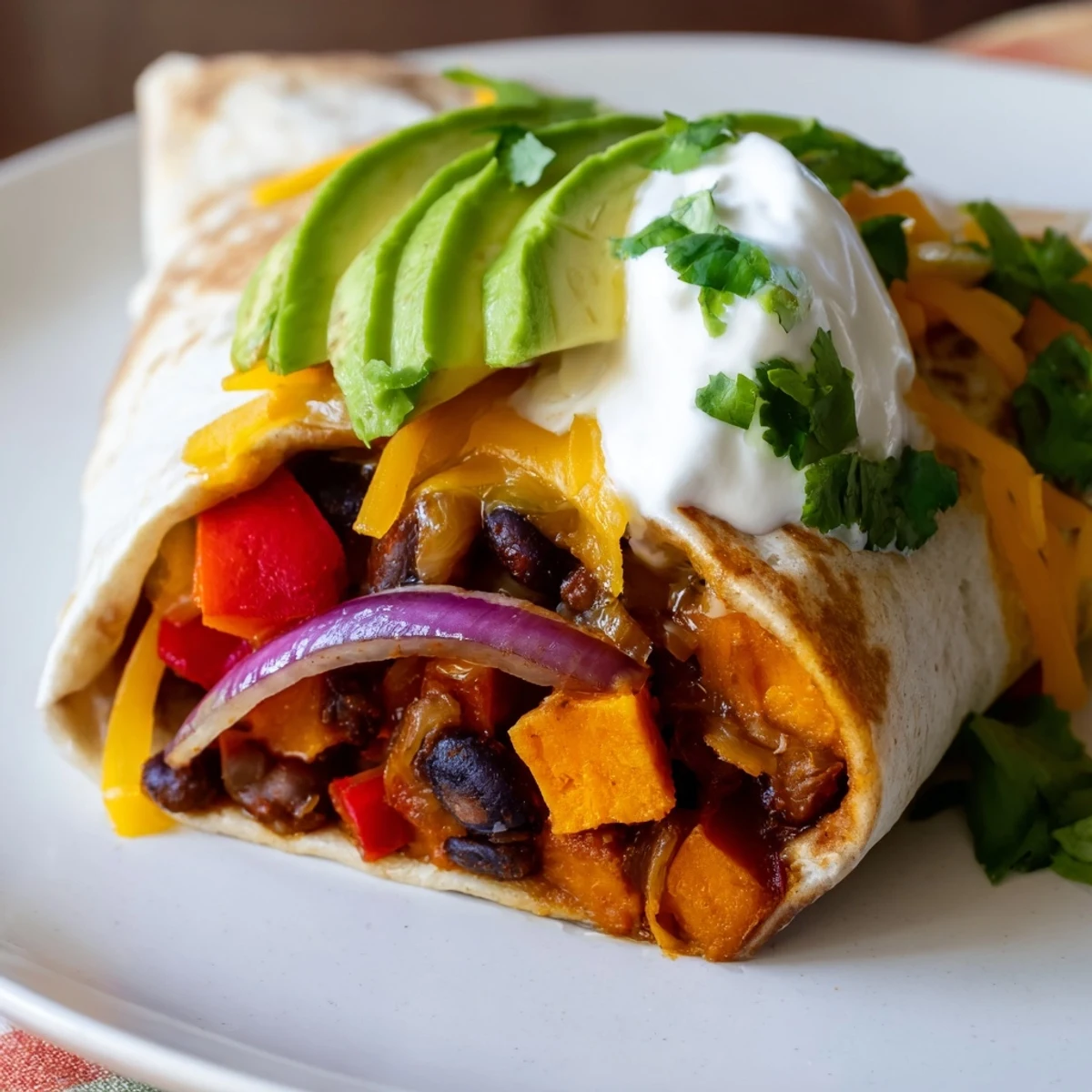 Golden-brown Roasted Sweet Potato and Black Bean Burritos sit on a rustic plate, filled with creamy avocado slices and fresh cilantro garnish.