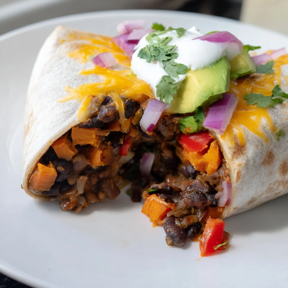 A close-up of a cut Roasted Sweet Potato and Black Bean Burrito reveals fluffy sweet potatoes, hearty beans, and melted cheese.