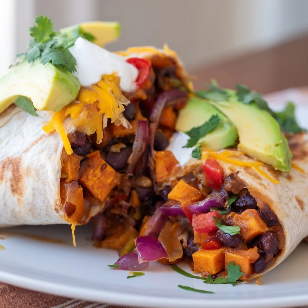 Freshly toasted Roasted Sweet Potato and Black Bean Burritos are served with lime wedges and a dollop of sour cream.