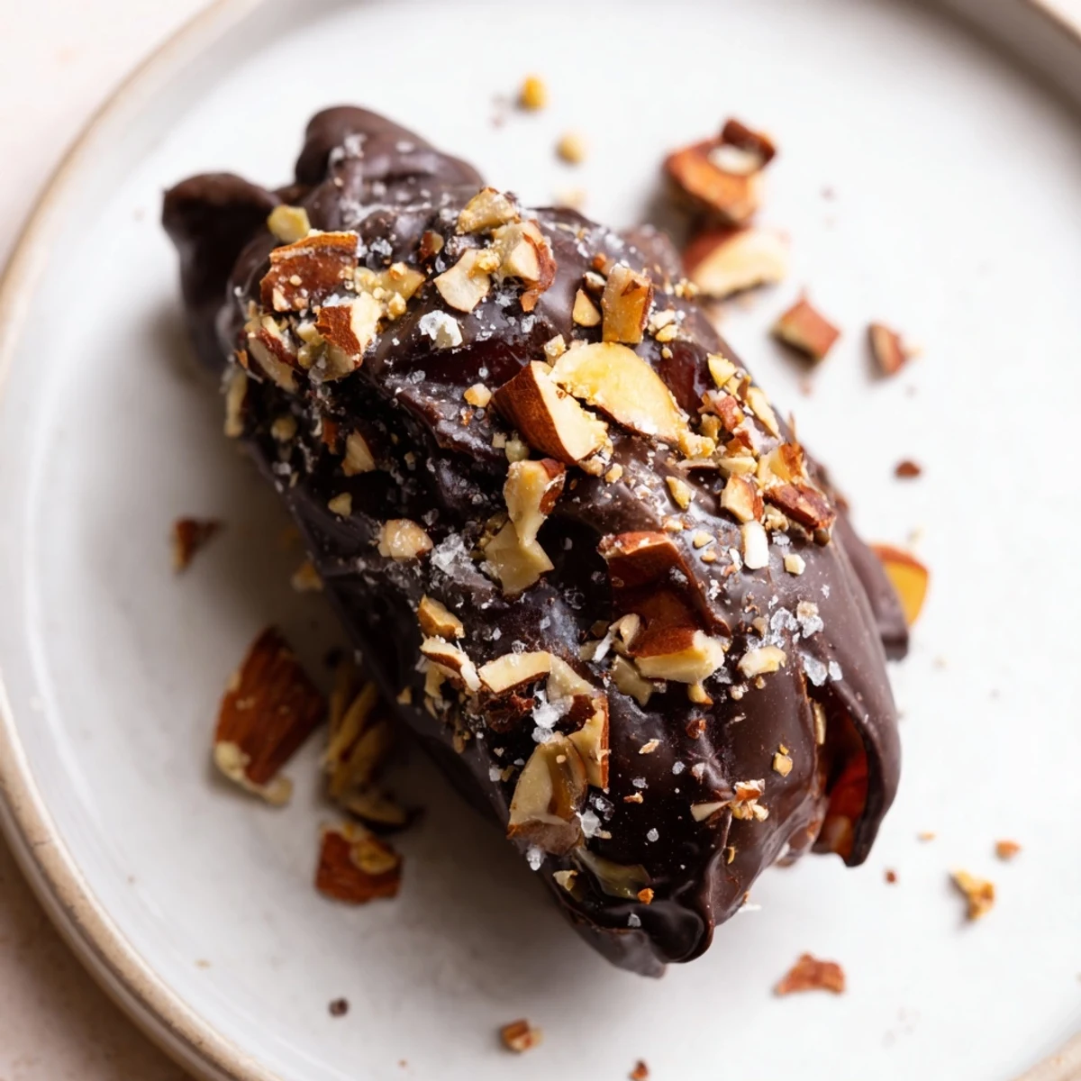 Freshly made chocolate covered dates stuffed with almond butter and sprinkled with flaky sea salt on parchment.