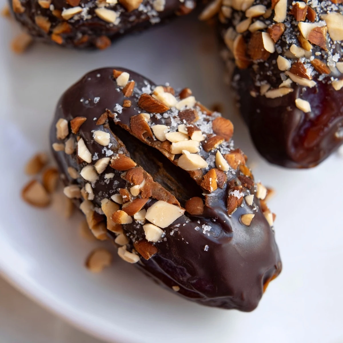 Glossy dark chocolate covered dates stuffed with almond butter on a marble board topped with chopped almonds.