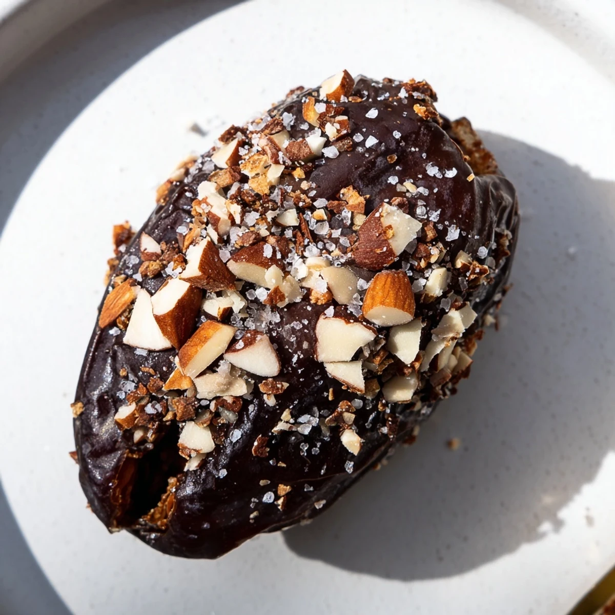 Four pieces of chocolate covered dates stuffed with almond butter served on a small white plate with a drizzle.