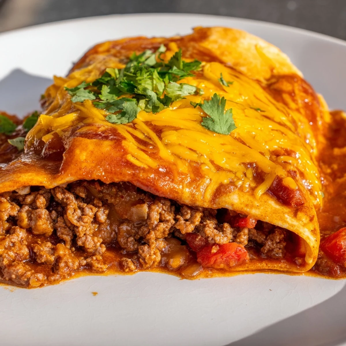 Freshly baked Beef Enchiladas with red sauce and melted cheese in a dish, garnished with cilantro. 