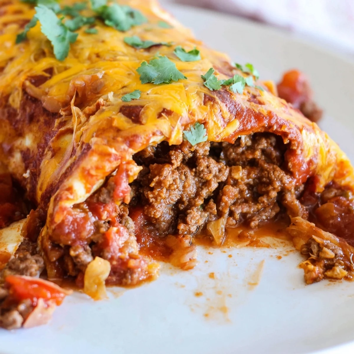 Golden brown Beef Enchiladas with red sauce bubbling with melted cheddar cheese and cilantro. 