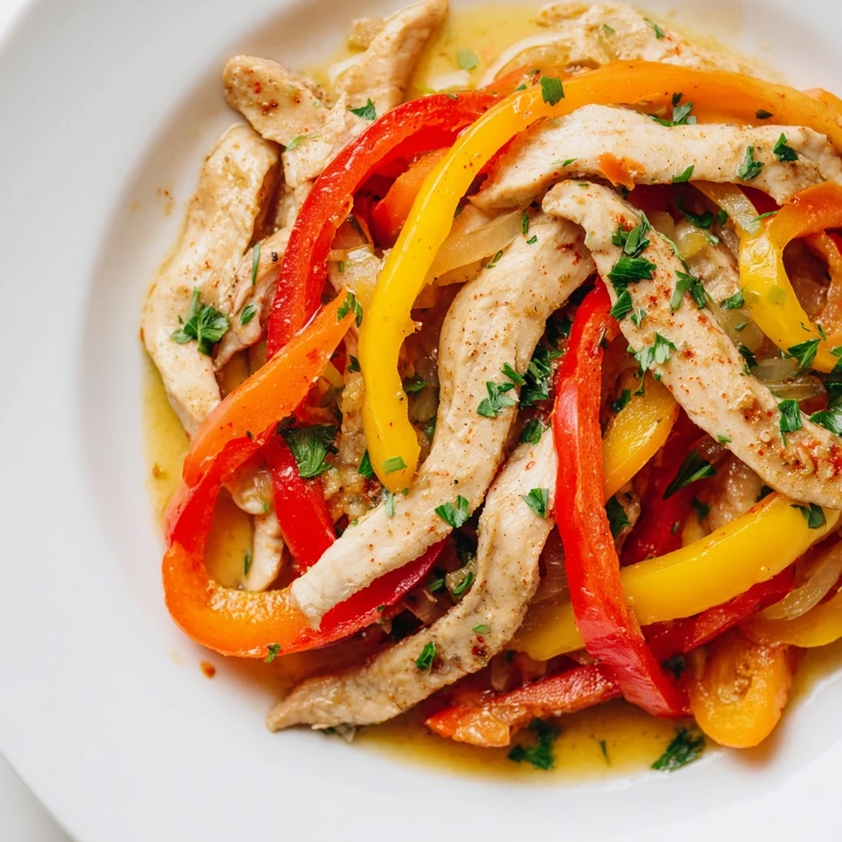 Sizzling turkey and onions mingle with sliced red, yellow, and green peppers in a skillet, creating a savory, low-carb, weeknight dinner.