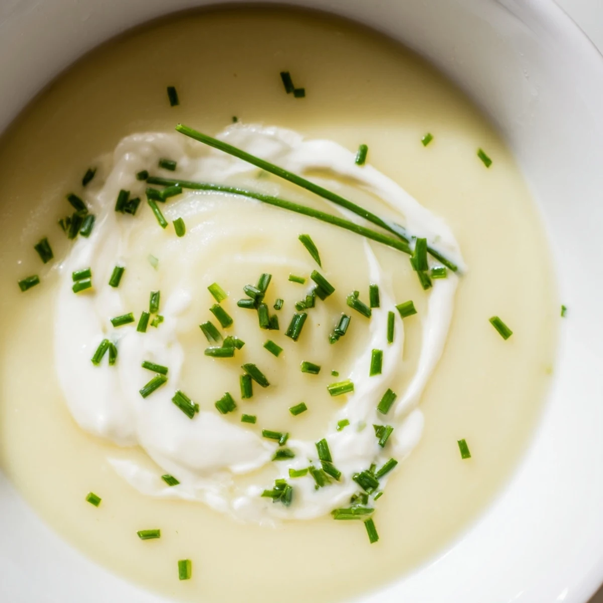 Creamy Leek Soup with Potatoes, garnished with fresh chives and a drizzle of cream, served in a rustic bowl.