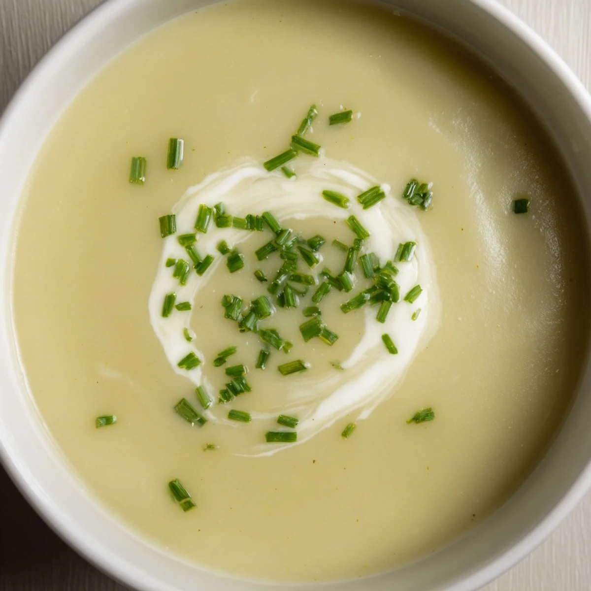Freshly prepared Creamy Leek Soup with Potatoes, topped with chives, served alongside crusty bread on a wooden table.