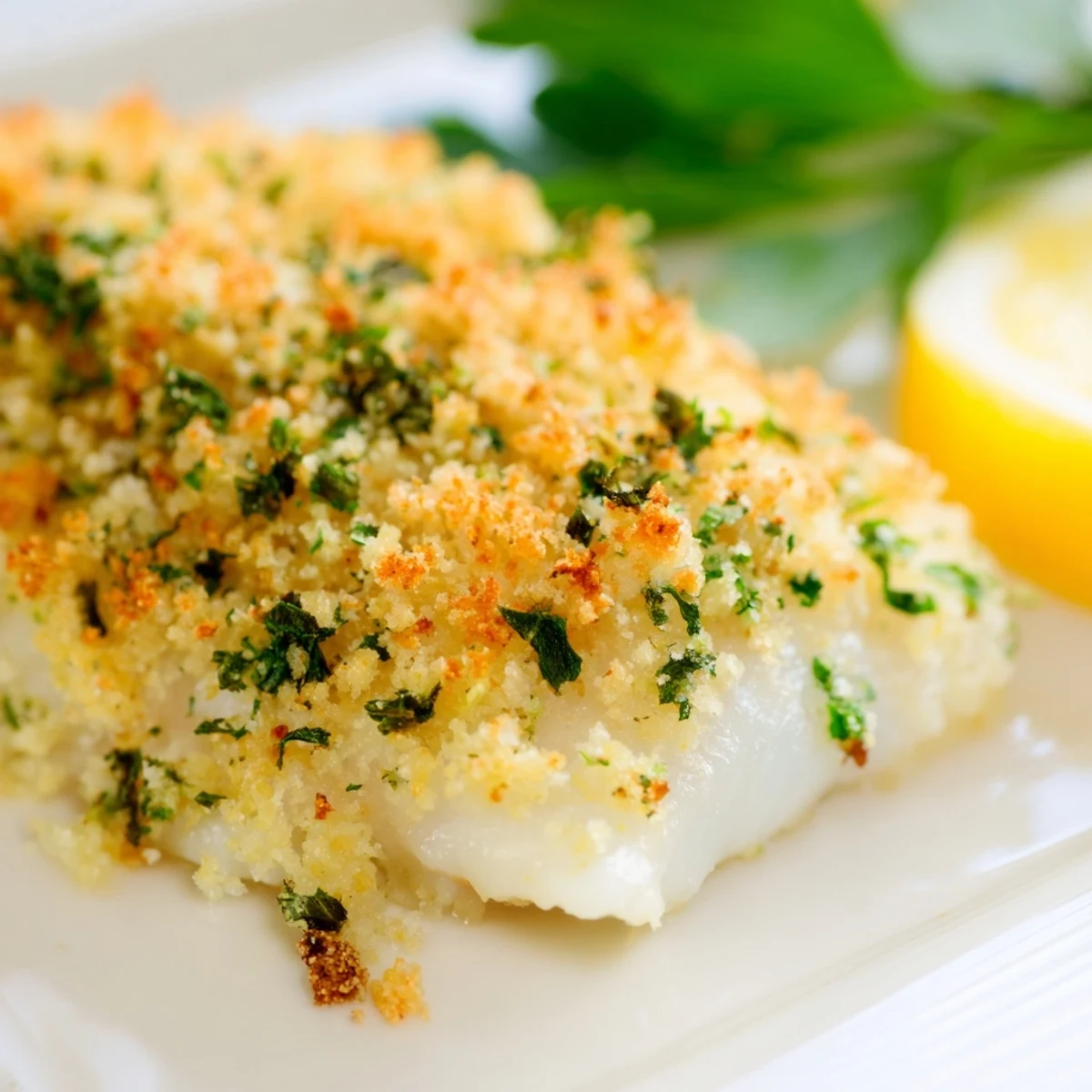 Golden brown Baked Haddock with Breadcrumbs fresh from the oven on a plate, garnished with parsley and lemon wedges for a zesty finish.
