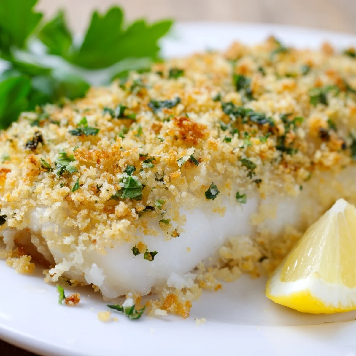 Serving suggestion for Baked Haddock with Breadcrumbs alongside crisp green beans and a wedge of lemon for a healthy dinner.