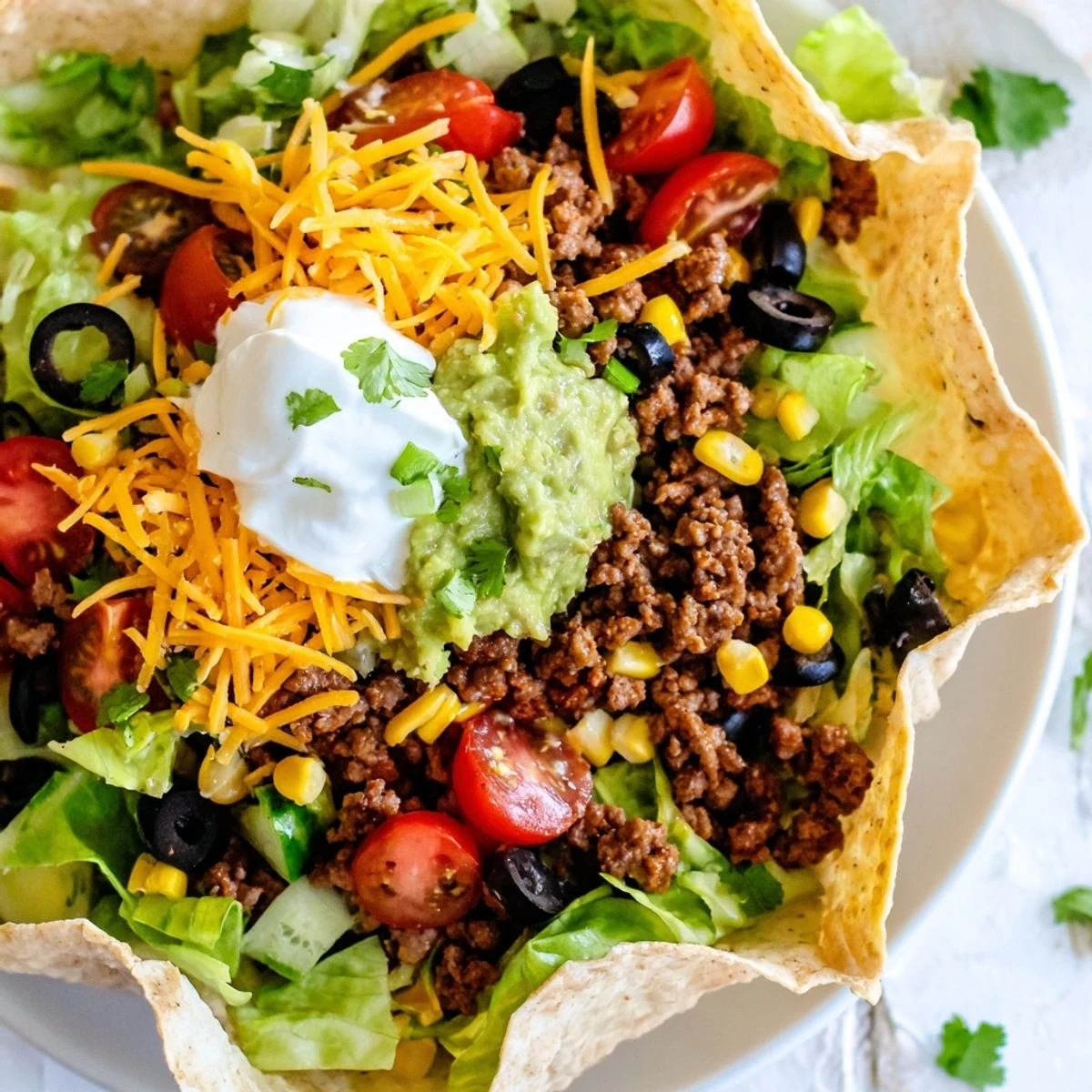 Crispy baked flour tortilla bowl filled with seasoned ground beef, fresh lettuce, black beans, and colorful veggies.