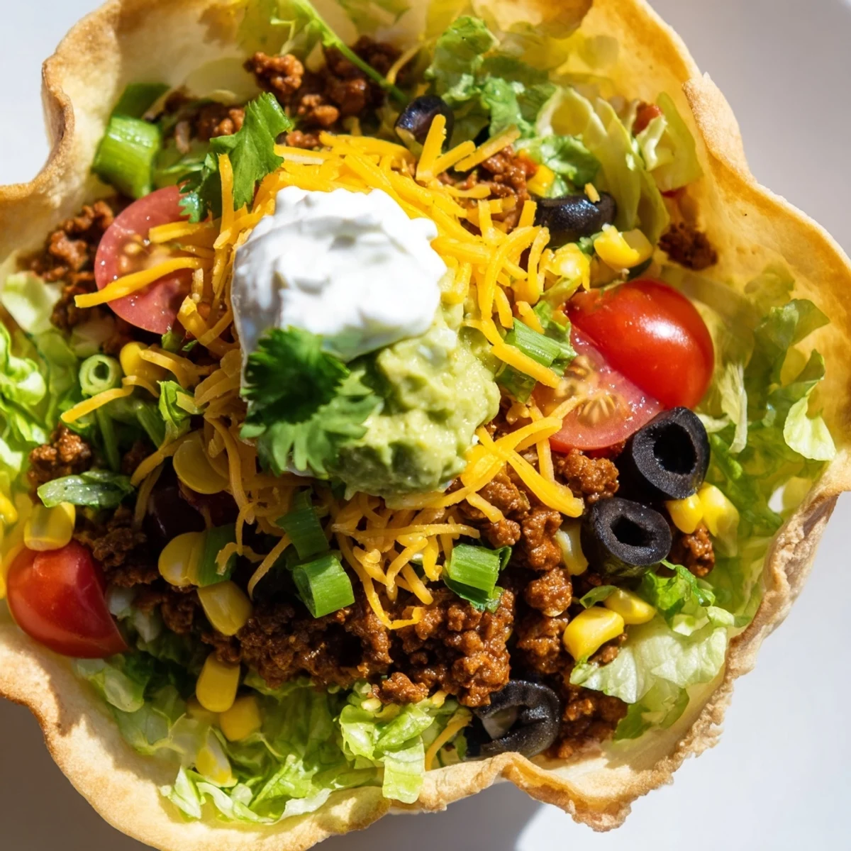 Ready-to-serve Beef Taco Salad with Shell garnished with lime wedges, cilantro, and black olives on a rustic table.
