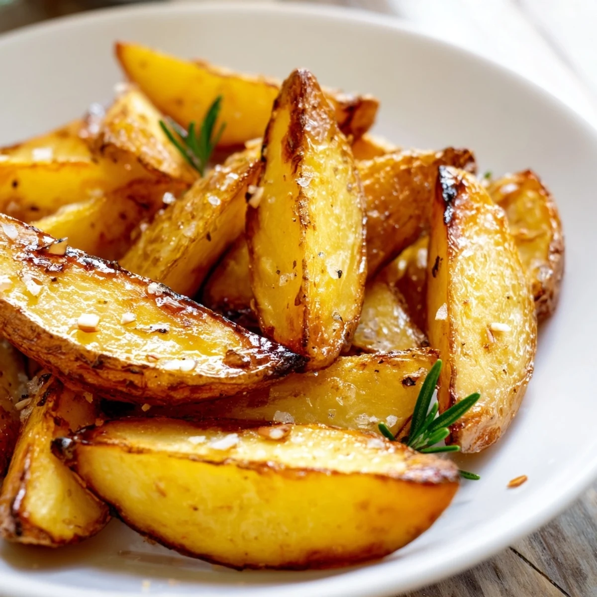 Golden, crispy Lemon Potatoes with Rosemary roast beside fresh lemon wedges and herbs.
