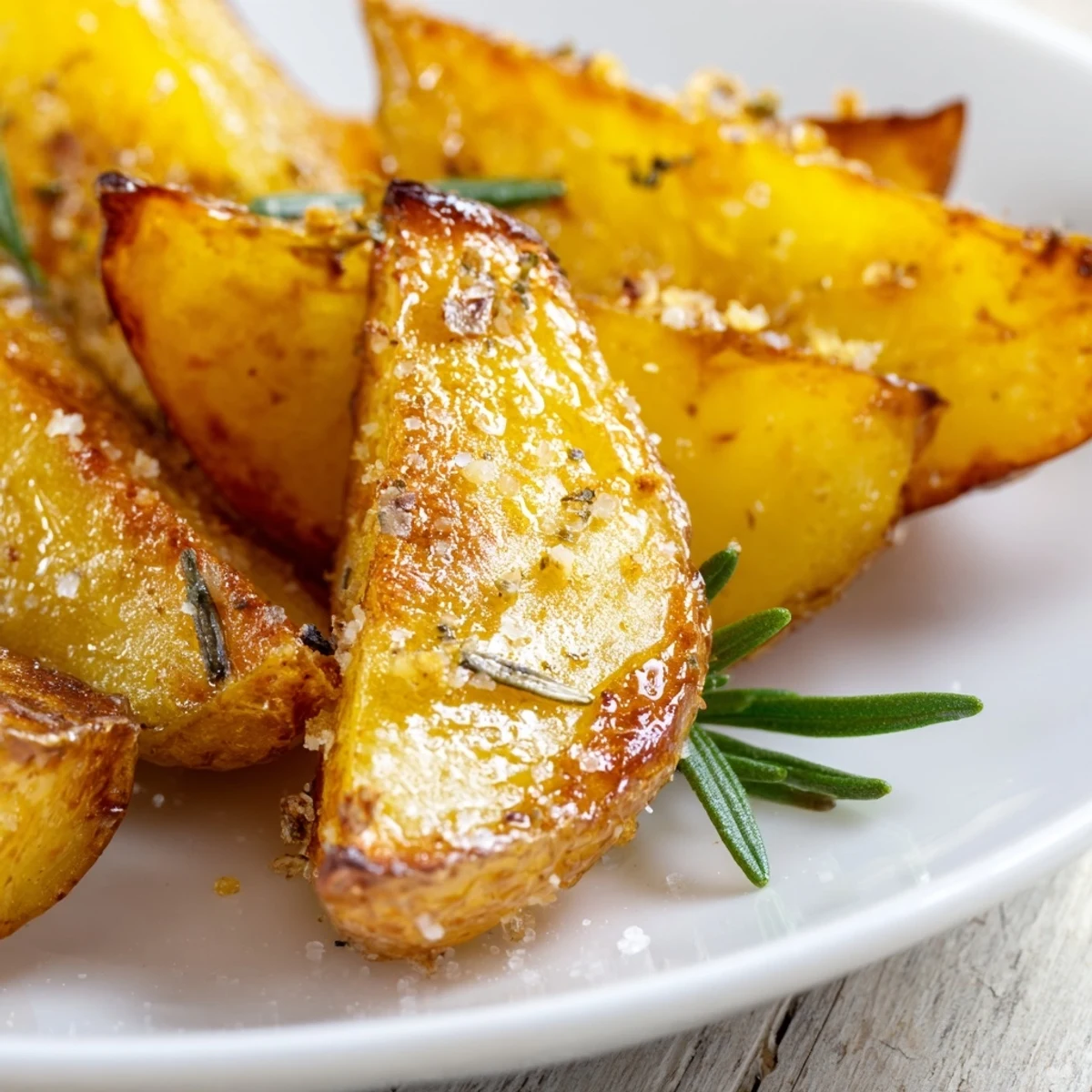 Tangy Lemon Potatoes with Rosemary sit on a rustic plate, ready for dinner.