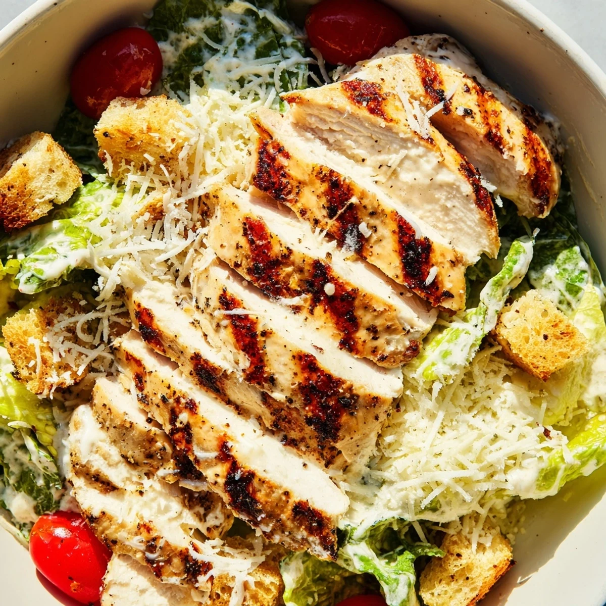 Freshly grilled chicken breast is sliced over crisp romaine lettuce for a homemade Chicken Caesar Salad, topped with crunchy croutons and creamy dressing.