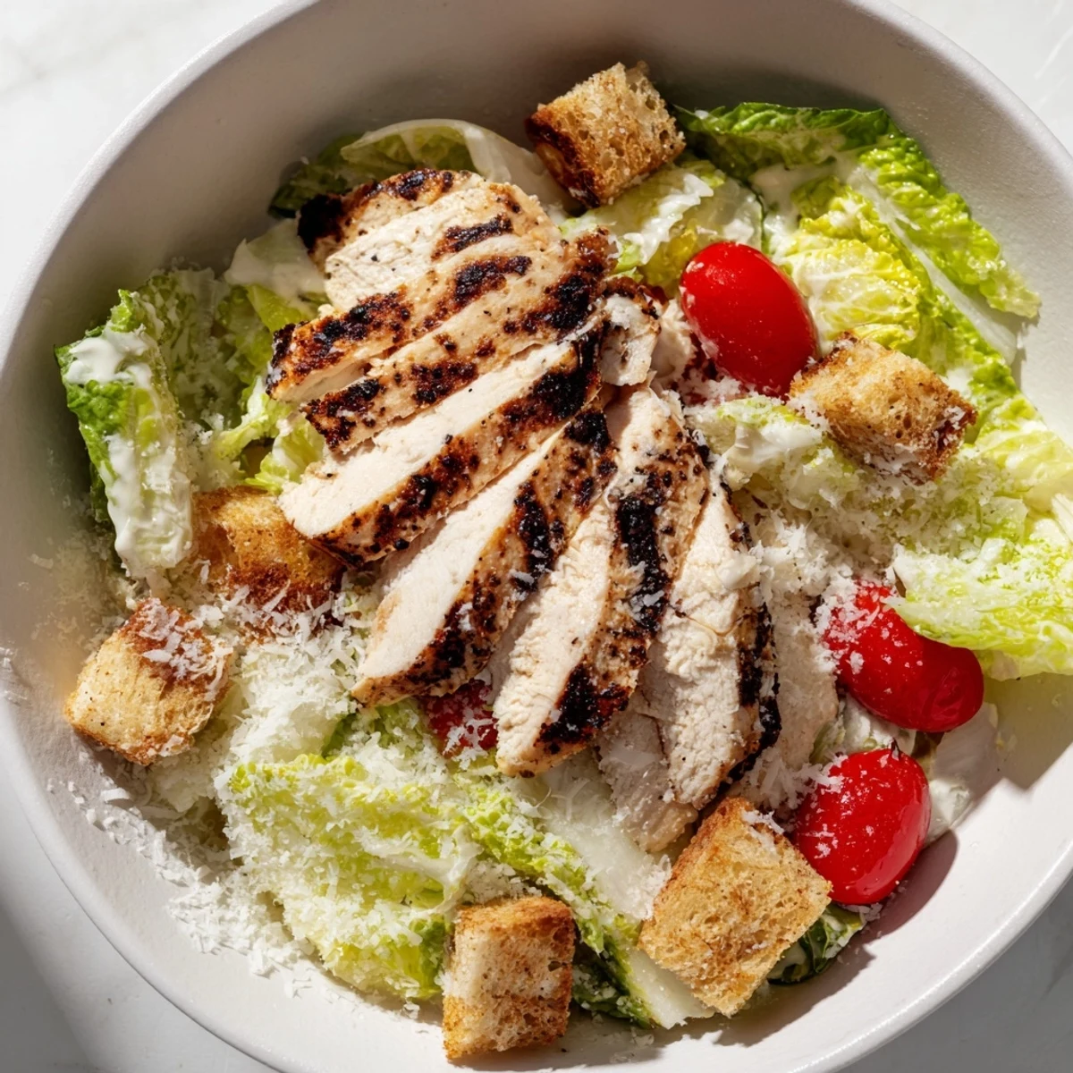 A plated Chicken Caesar Salad featuring juicy grilled chicken, shaved Parmesan cheese, and golden croutons on a bed of vibrant green romaine.