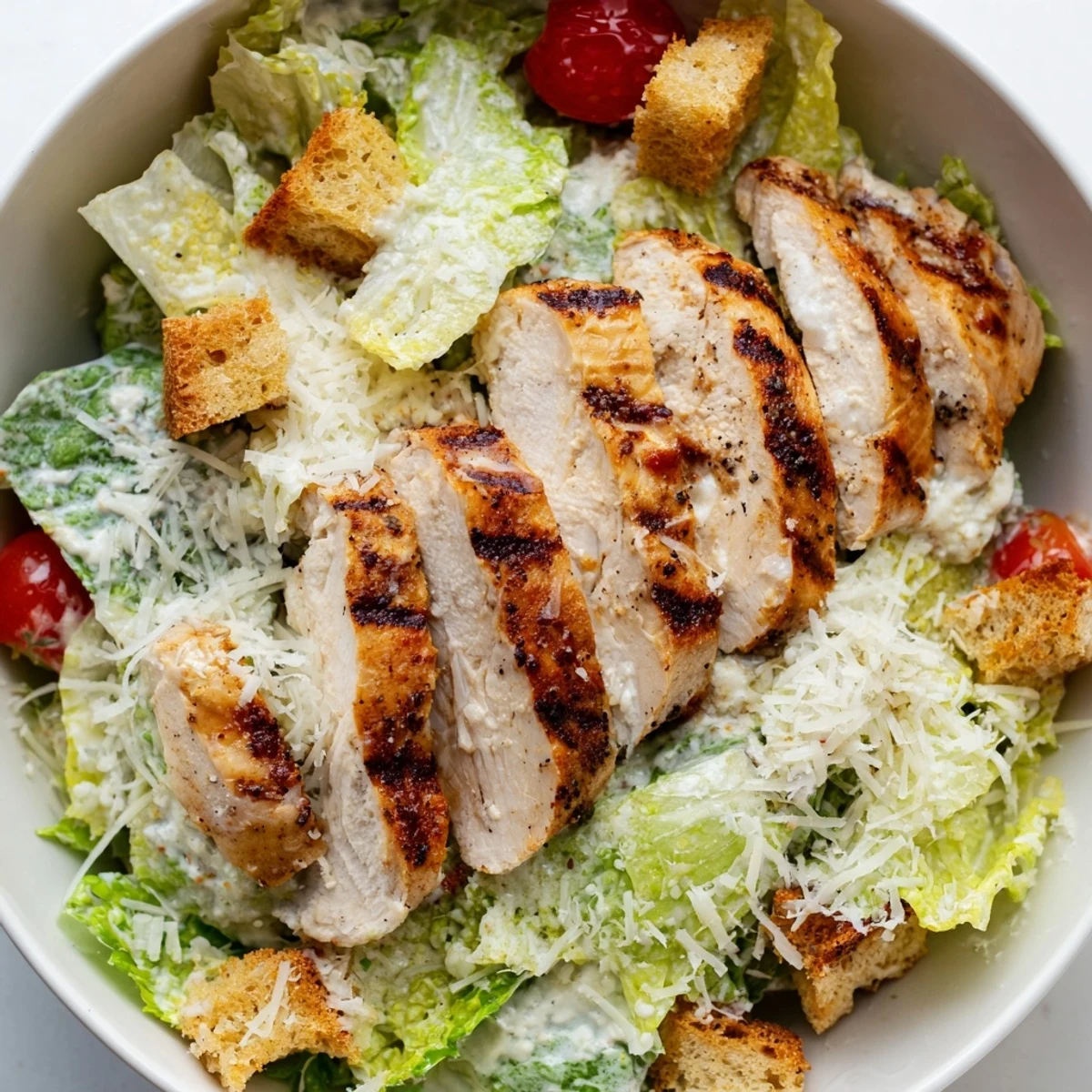 Close-up of a Chicken Caesar Salad, showing tender grilled chicken, tangy Caesar dressing, and fresh cherry tomatoes ready to be enjoyed.