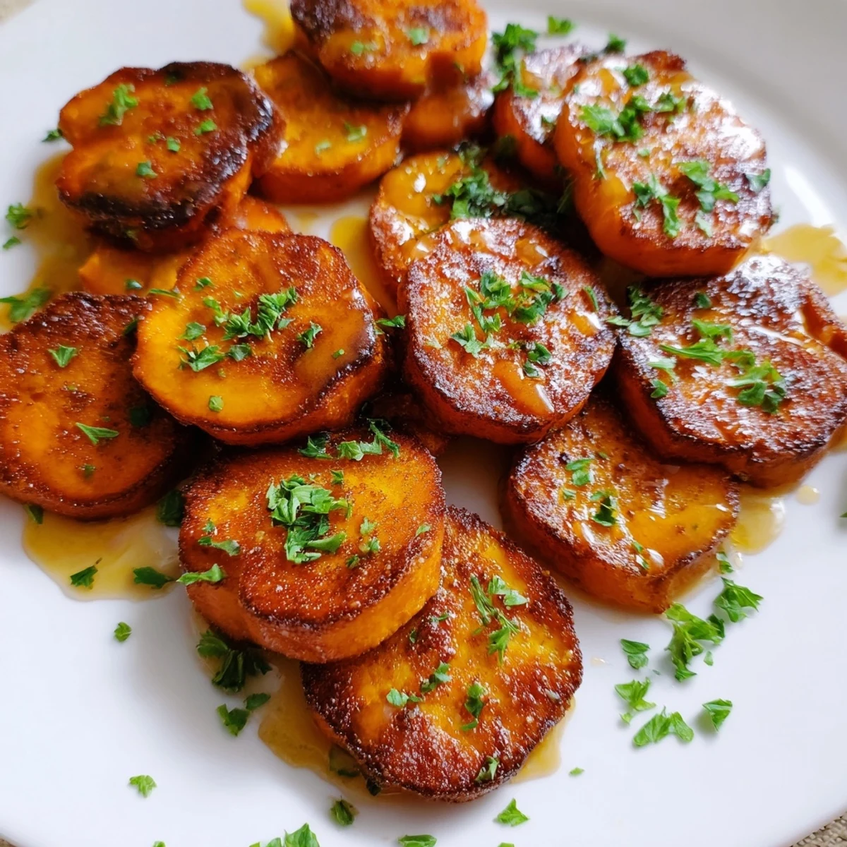 Golden, crispy sweet potato rounds roasted with cinnamon, lightly drizzled with maple syrup, and served as a warm side dish.