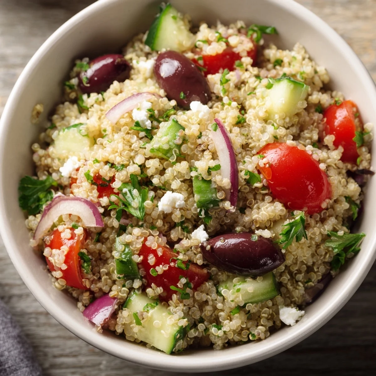 A fluffy Mediterranean Quinoa Salad topped with Kalamata olives and red bell peppers, tossed in a zesty lemon-oregano dressing.