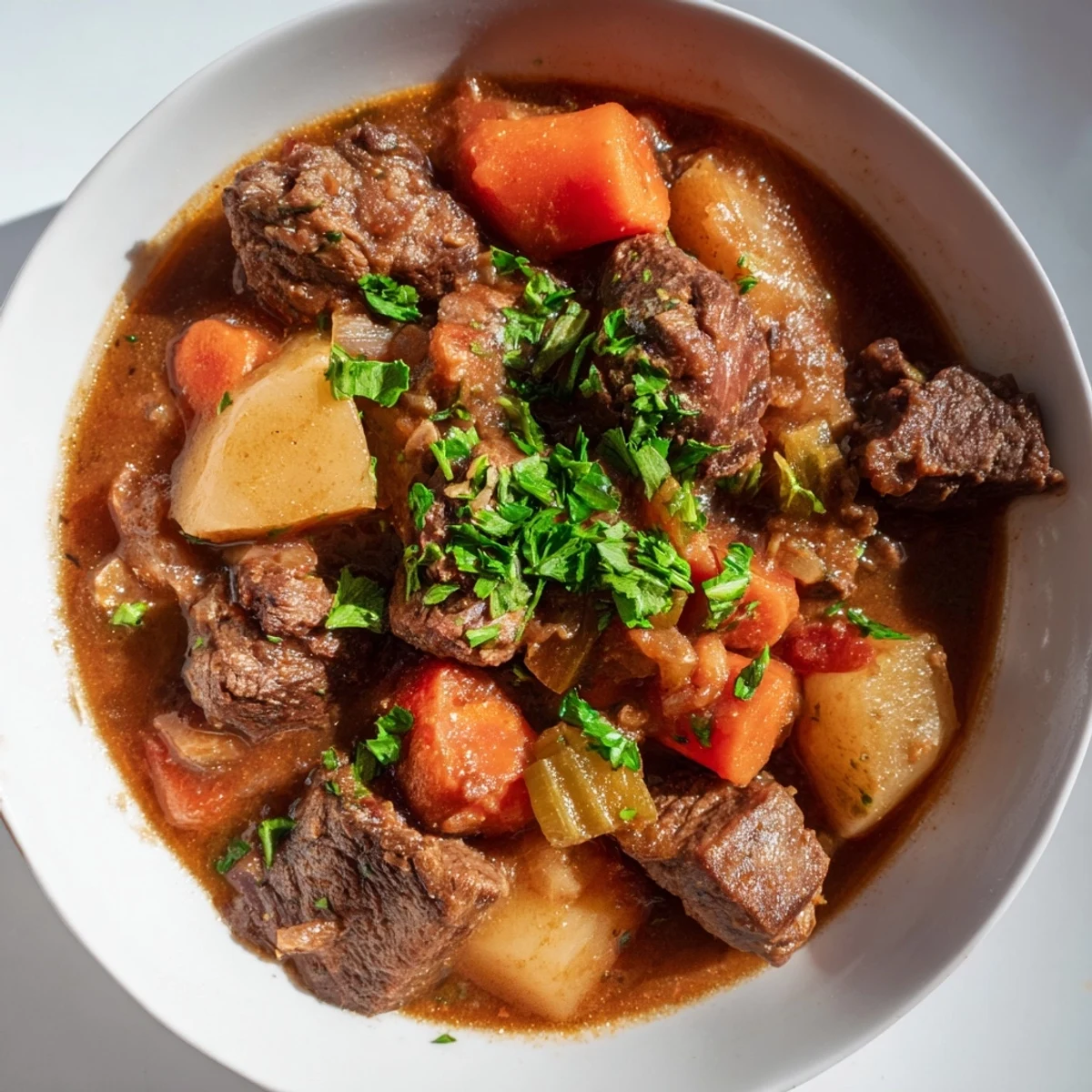 Steaming bowl of Slow Cooker Beef Stew featuring tender beef chunks, carrots, and potatoes in a rich, thick gravy.