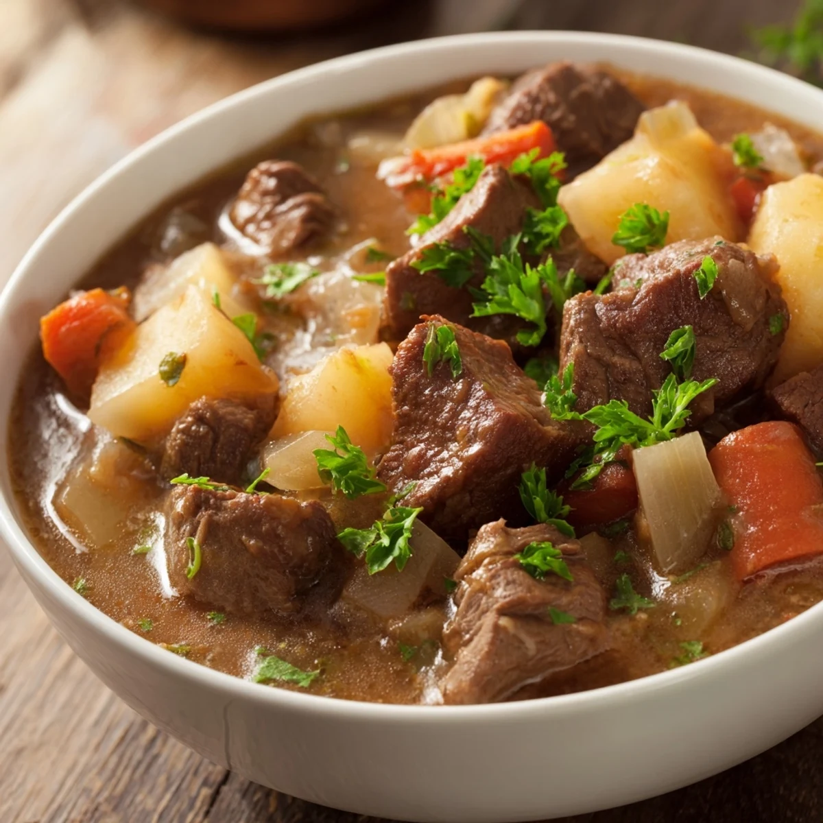 Slow Cooker Beef Stew served in a rustic bowl with fresh parsley garnish and a side of crusty bread.