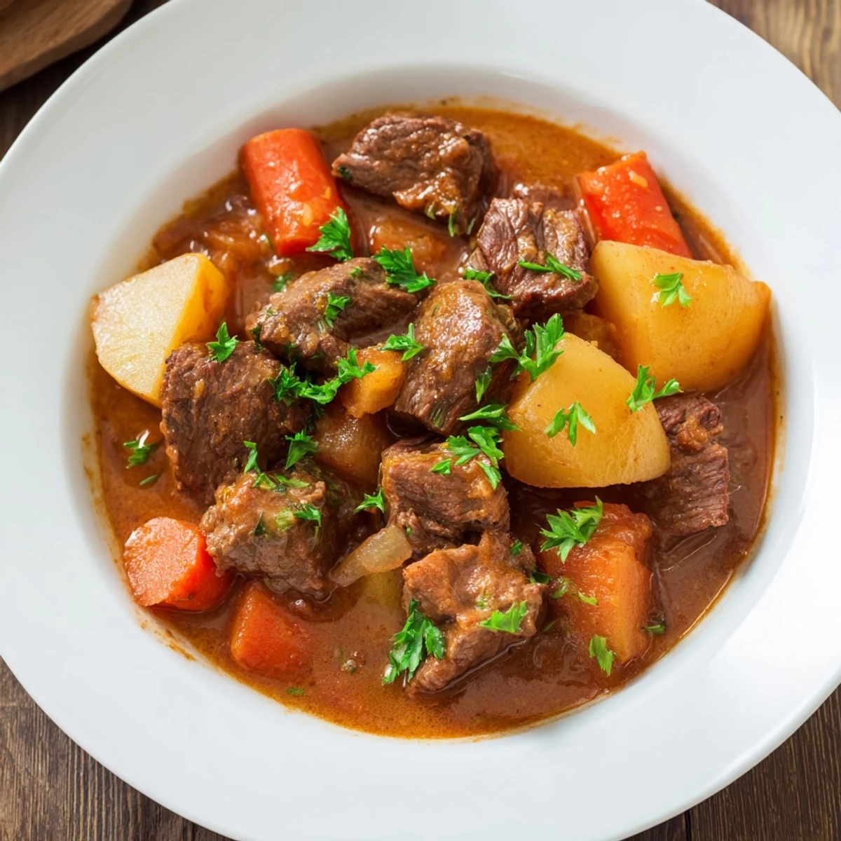 A hearty ladle of Slow Cooker Beef Stew with melt-in-your-mouth beef and vegetables in a savory red wine broth.